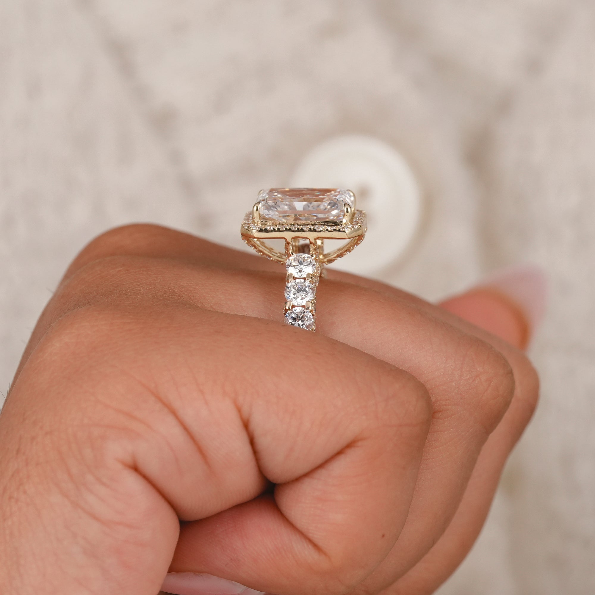 Radiant Cut Lab Diamond Halo Engagement Ring With Full Detailed Band