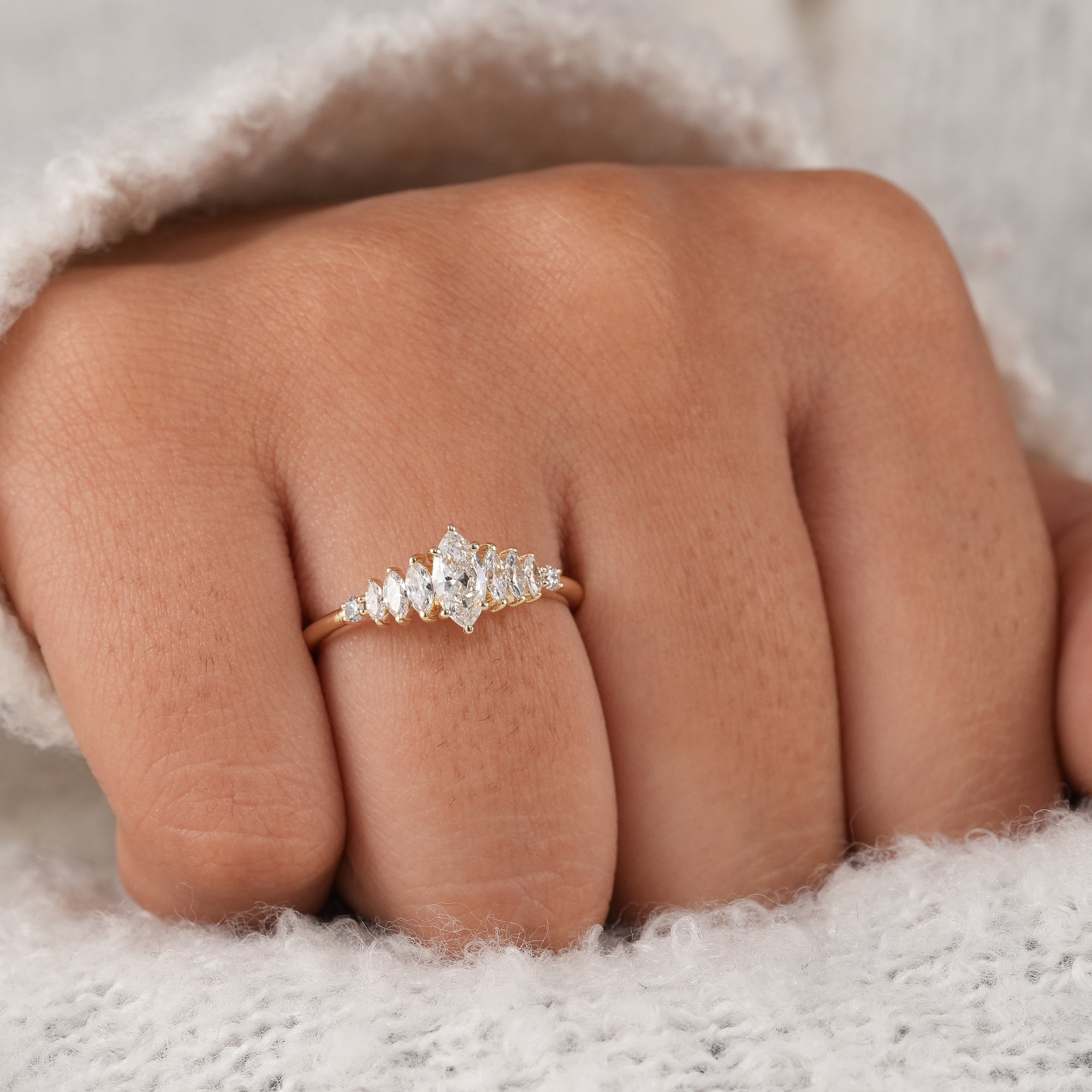 Vintage inspired marquise lab diamond ring for brides.