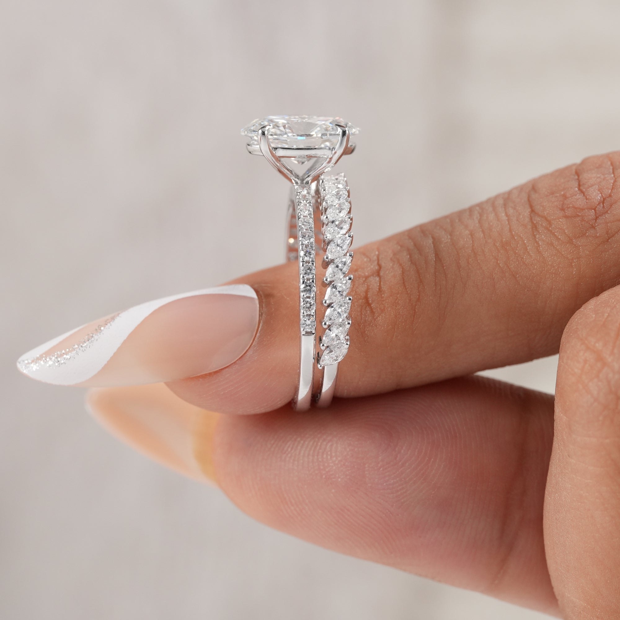 Handmade oval lab diamond wedding set with brilliant sparkle.