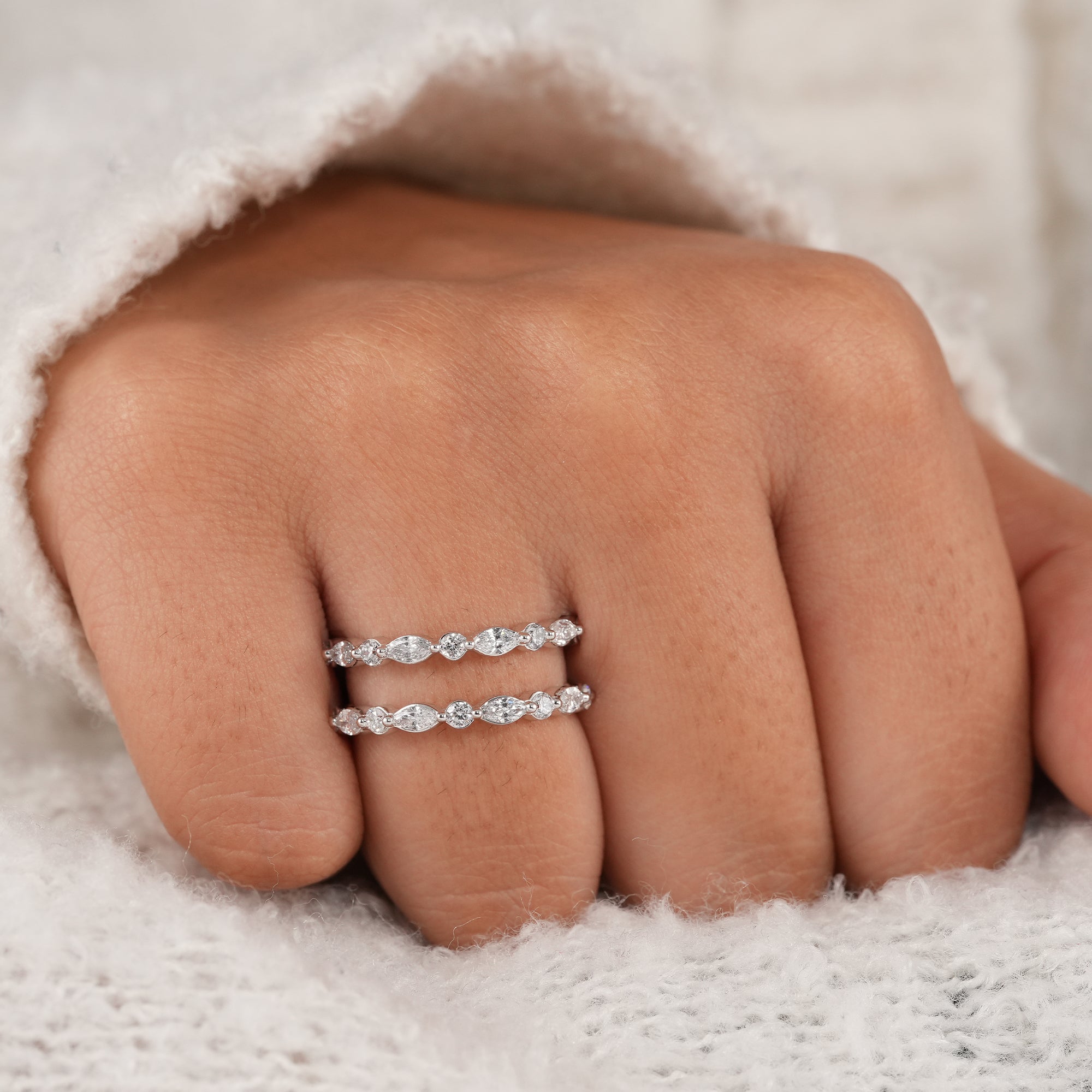 Modern bridal ring set enhancer with brilliant lab diamonds.