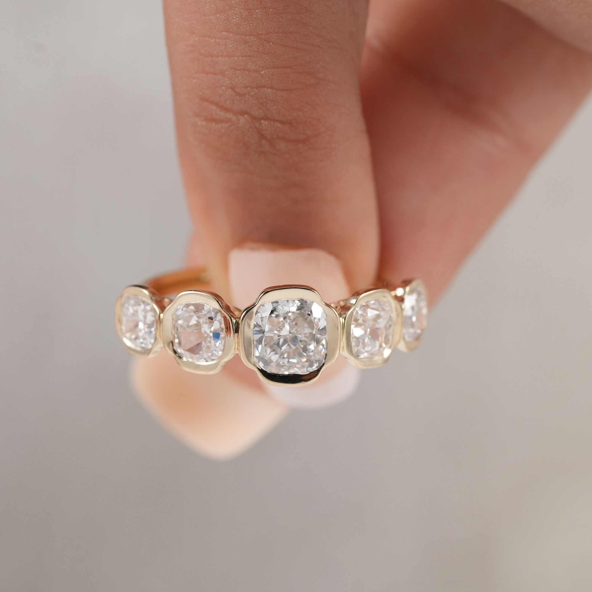 Five stone cushion cut lab diamond ring for anniversary gift.