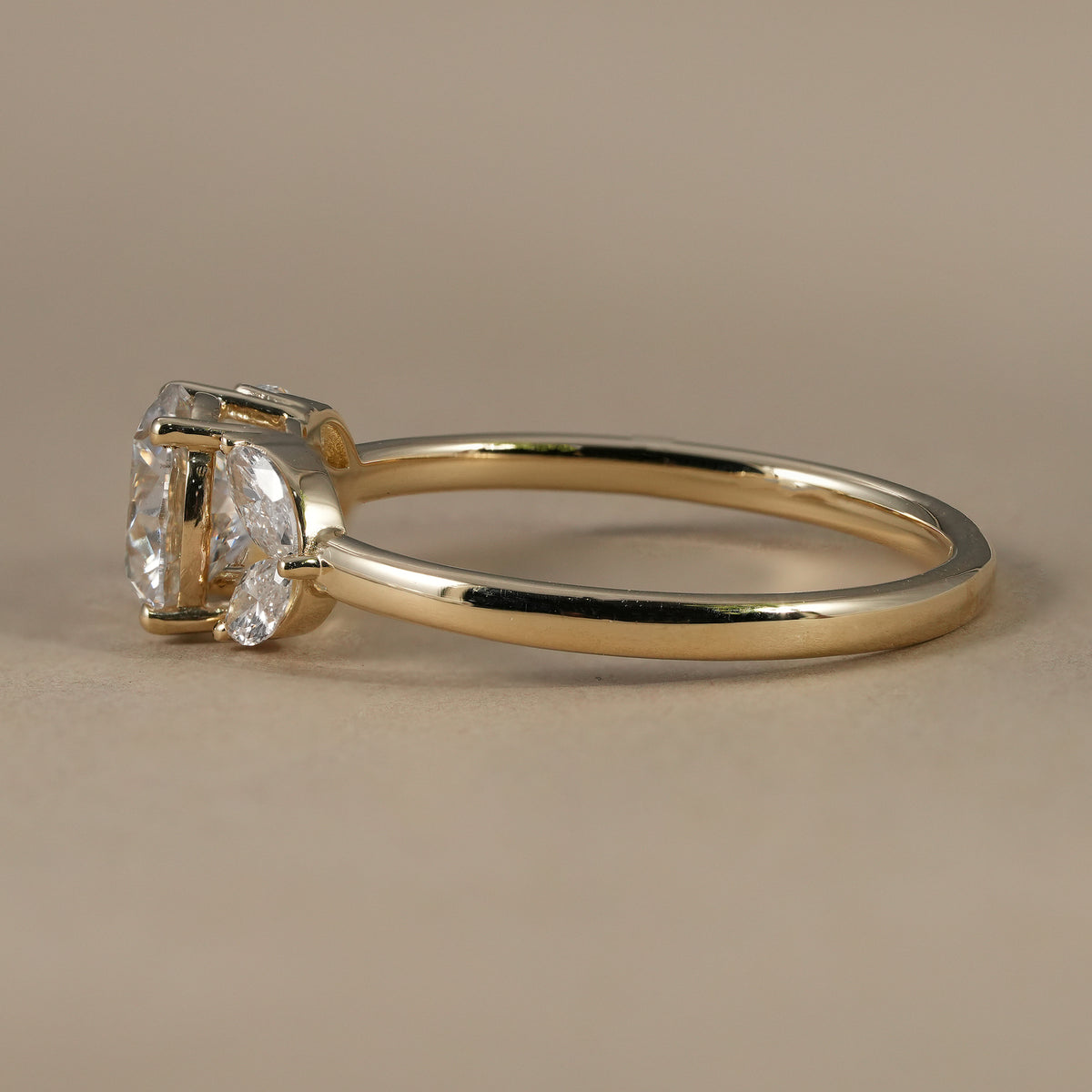 Floral inspired lab diamond engagement ring handcrafted in solid yellow gold.