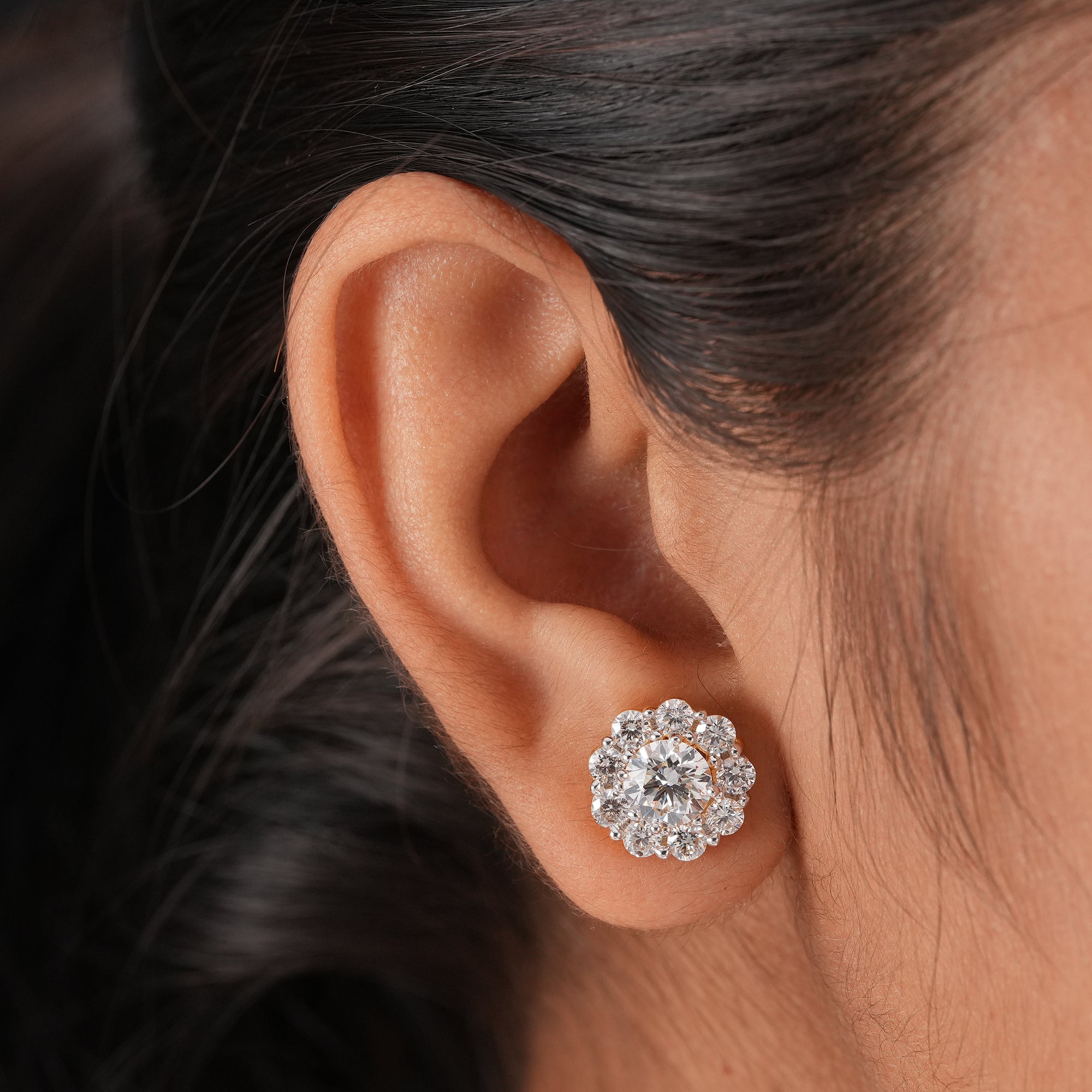 Round diamond halo earrings featuring brilliant lab grown diamonds