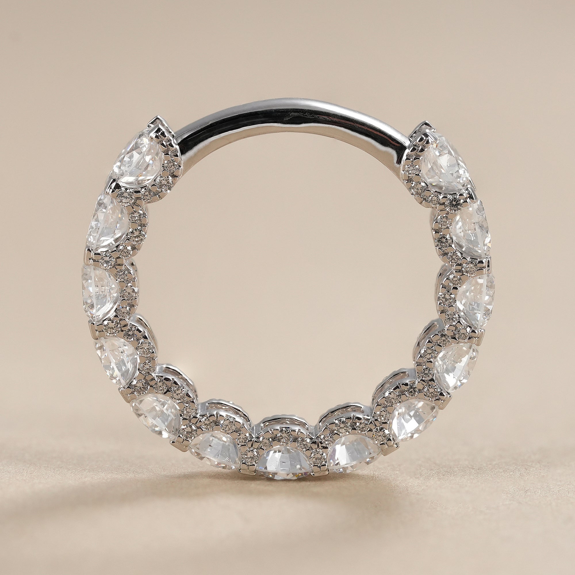 Full detailed diamond wedding band featuring round brilliant lab grown diamonds in a classic shared prong eternity setting.