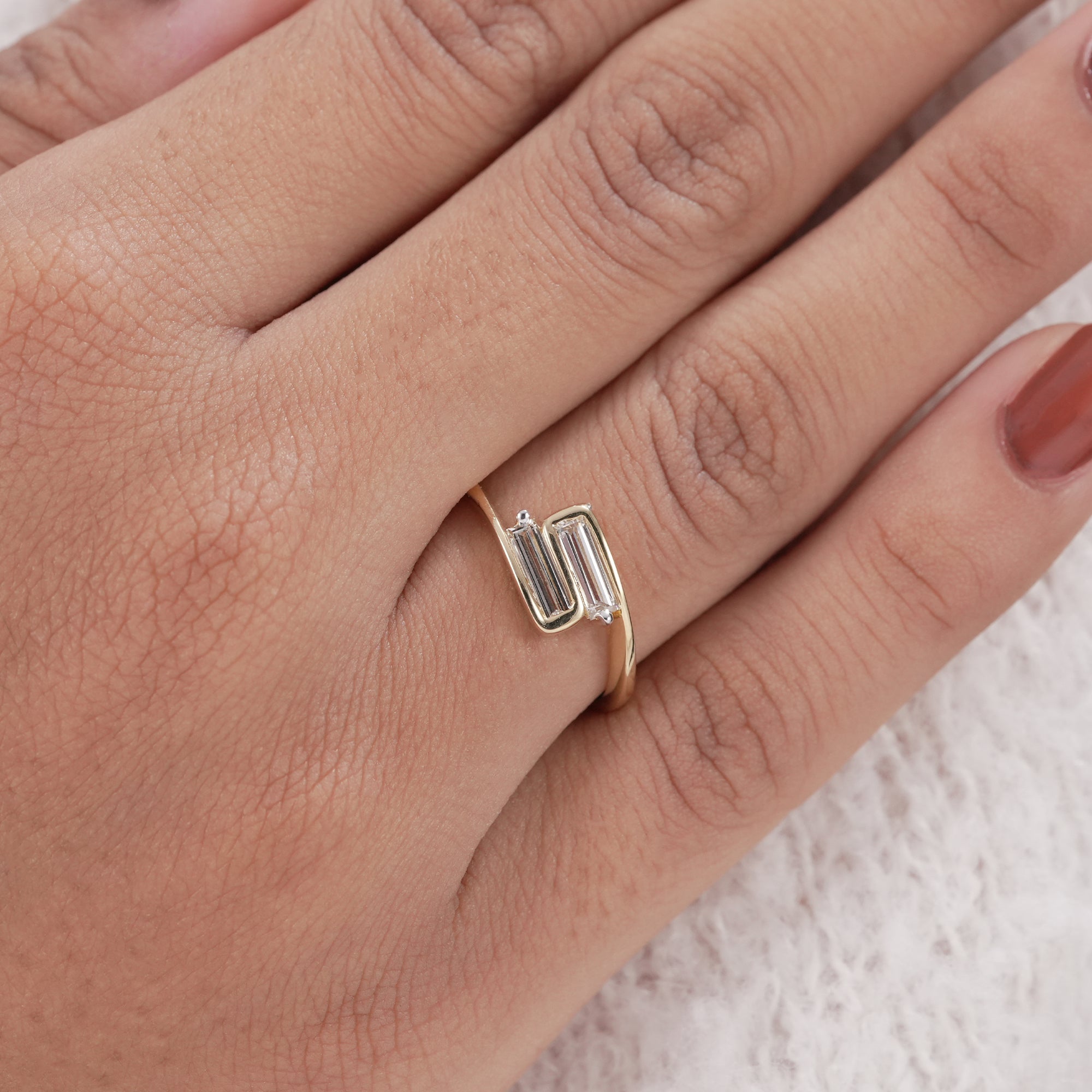 Minimalist lab diamond wedding ring with crossover design