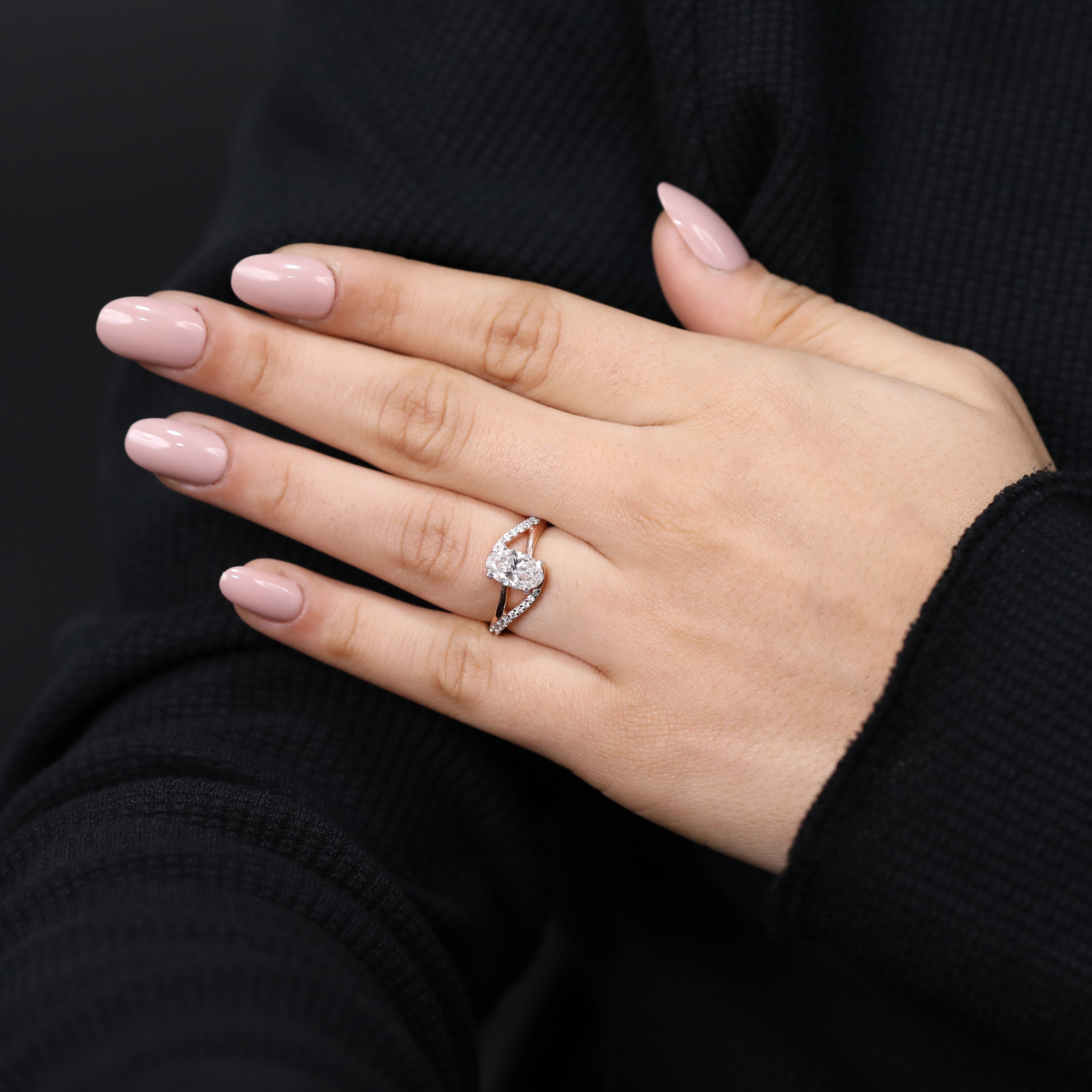 Modern split shank oval lab grown diamond celebration