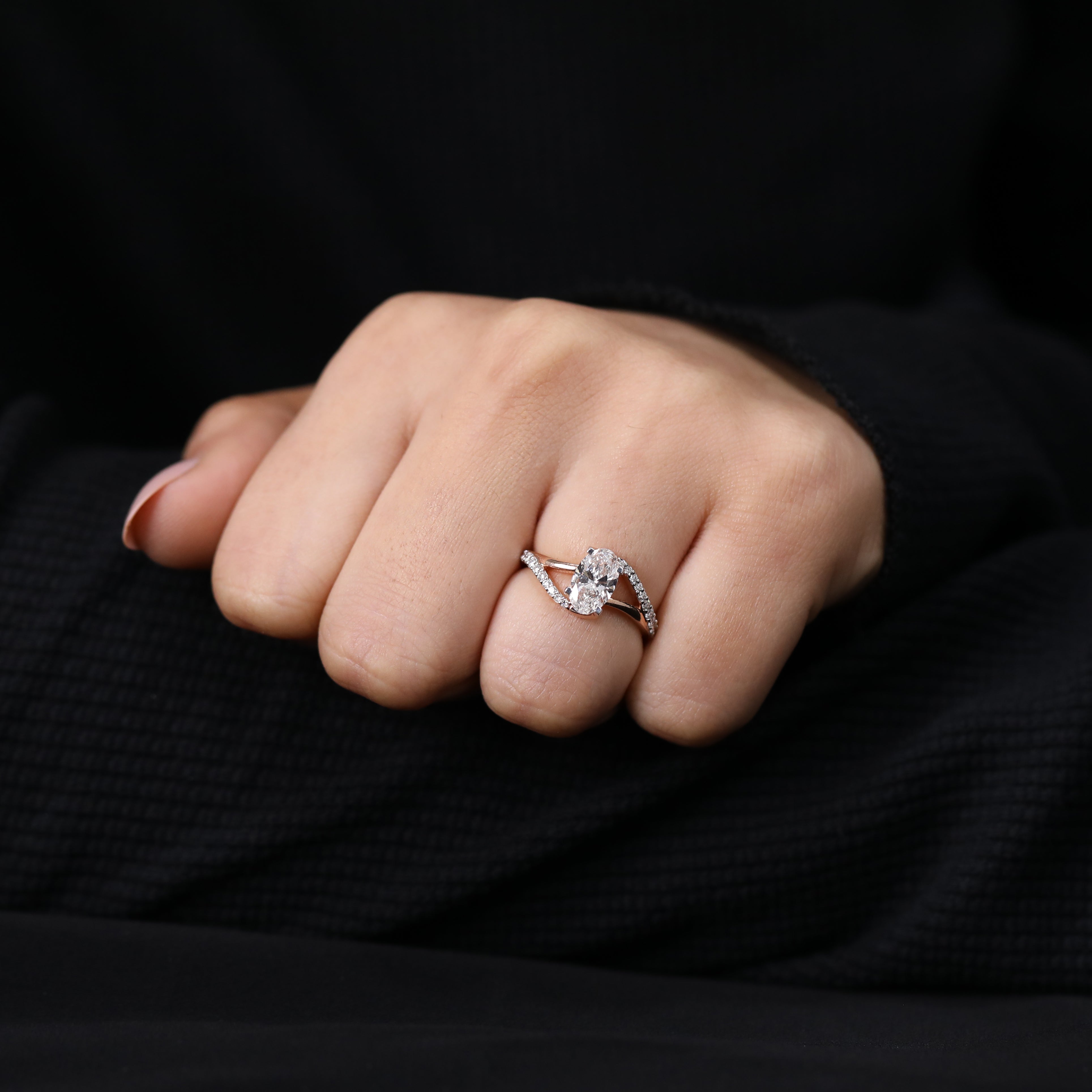 Oval lab created diamond pavé ring romantic proposal