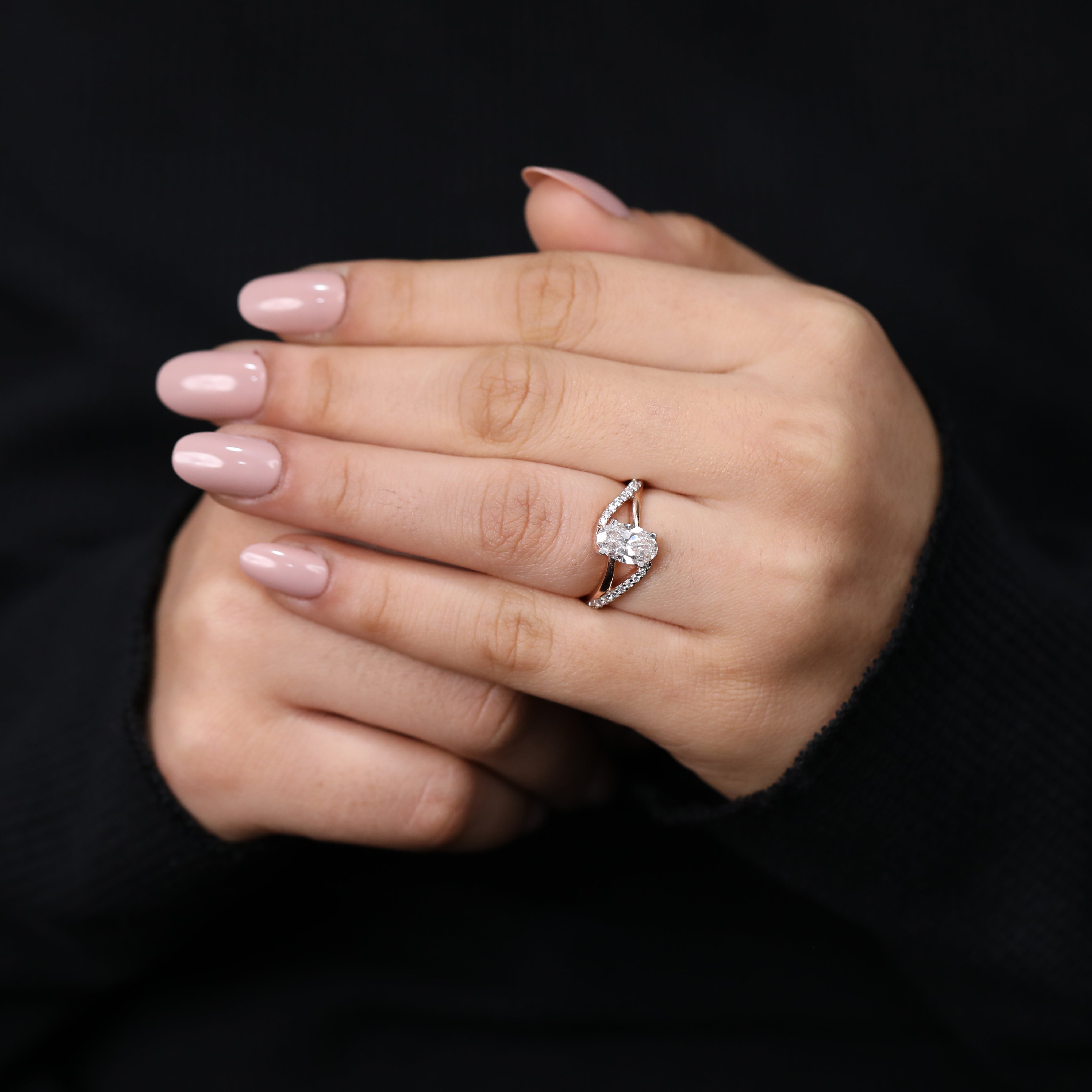 Designer oval split shank lab created diamond commitment