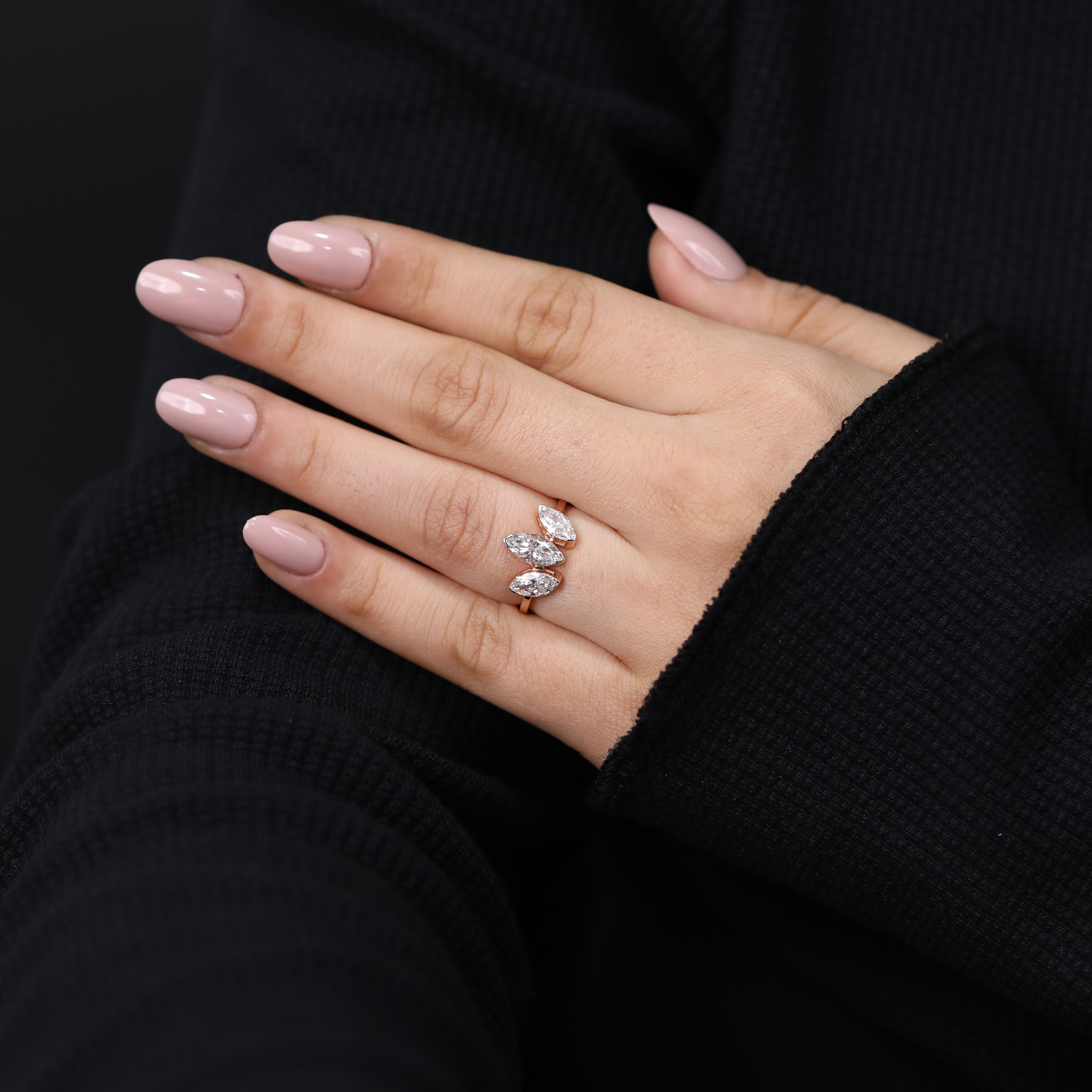 Luxury marquise lab created three stone diamond ring