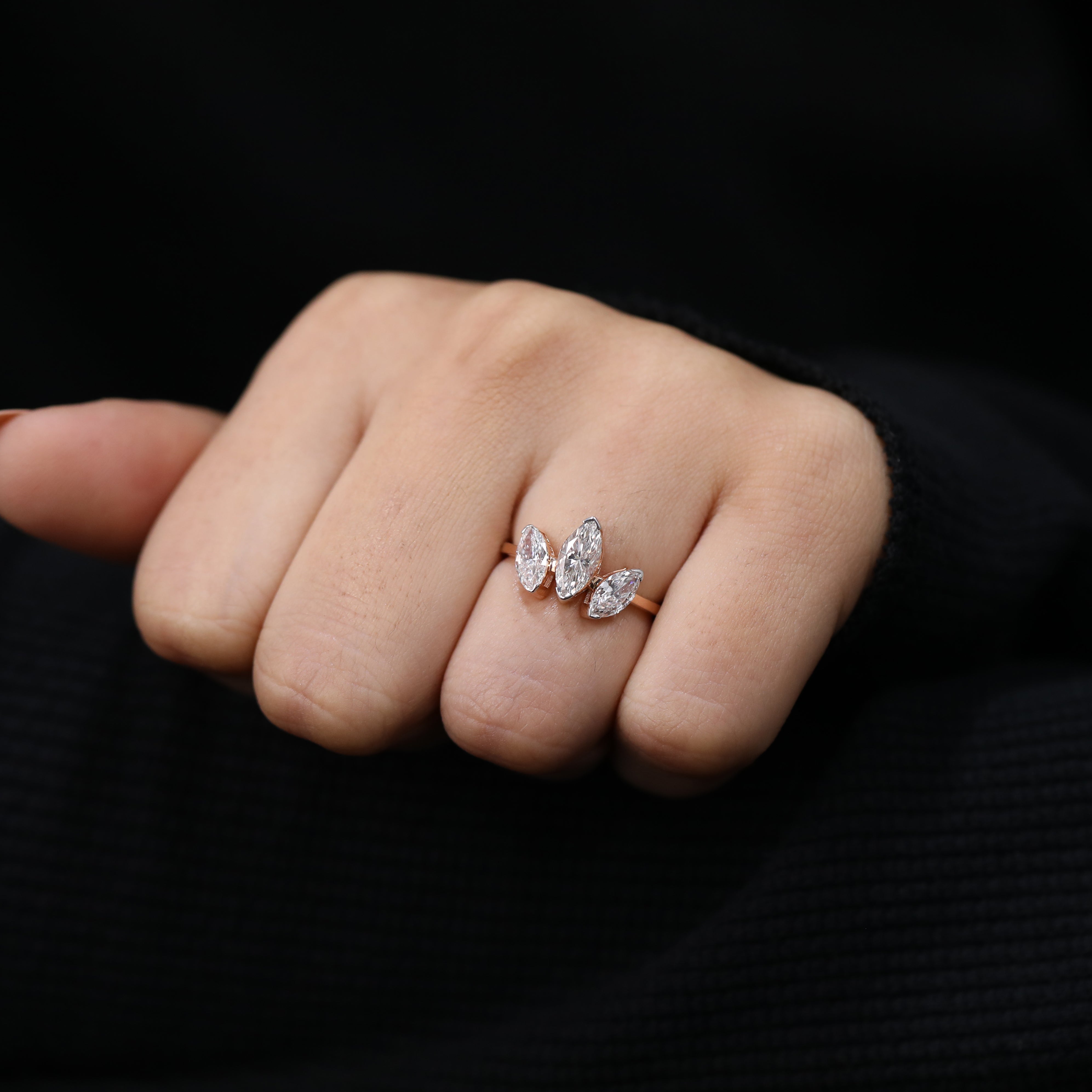 Elegant marquise lab grown three stone bridal ring