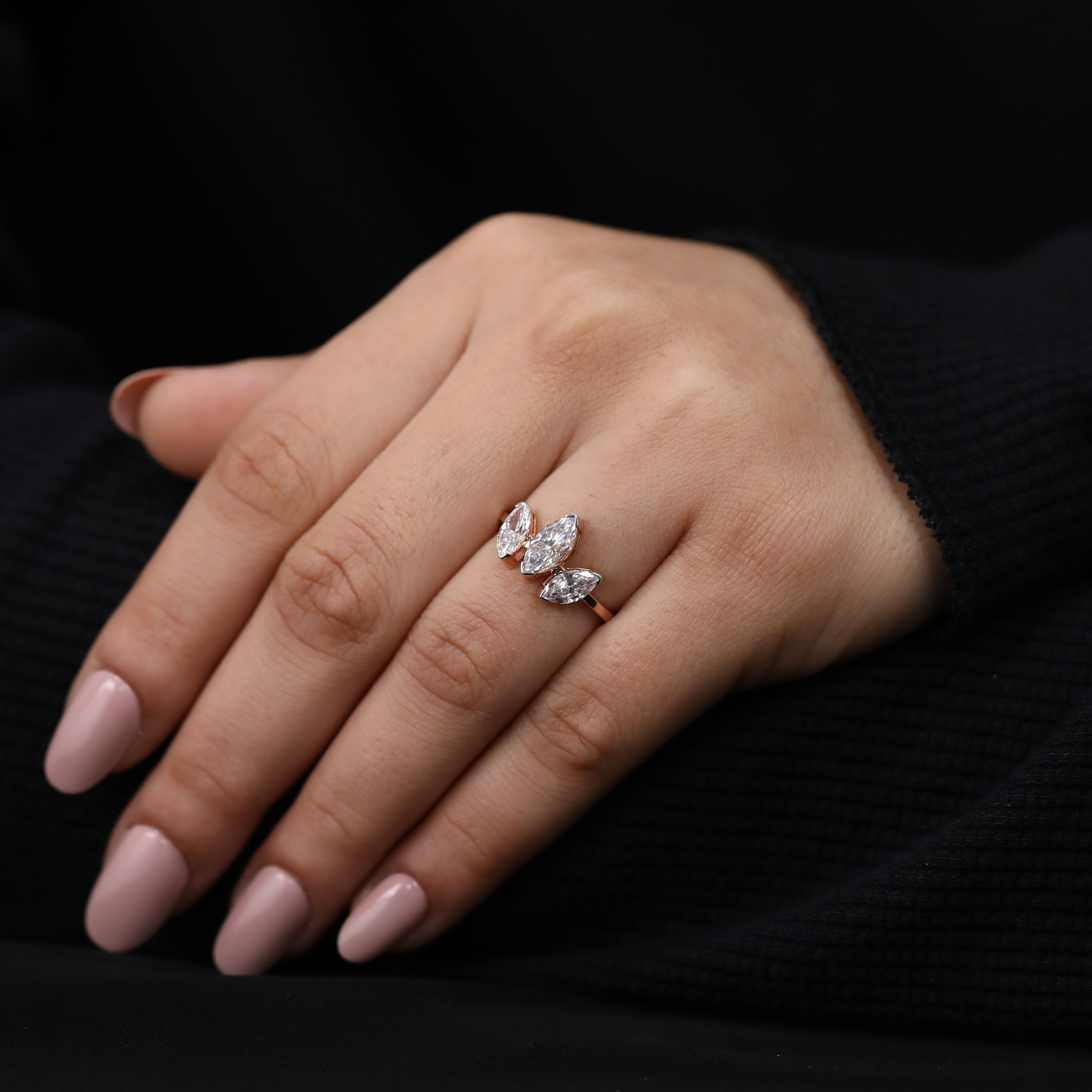 Marquise cut lab created diamond trilogy ring