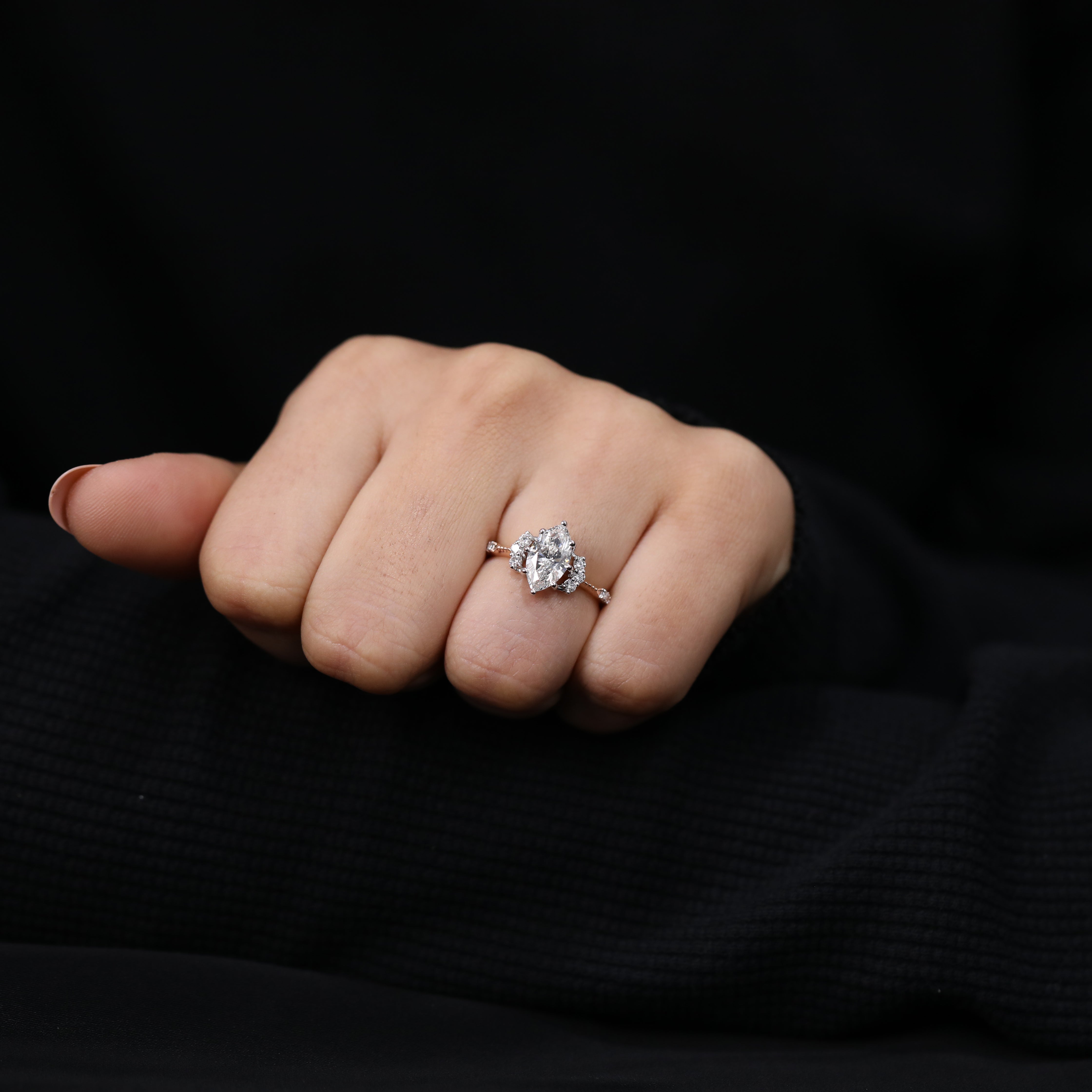 Timeless engagement ring styled with marquise lab grown diamond