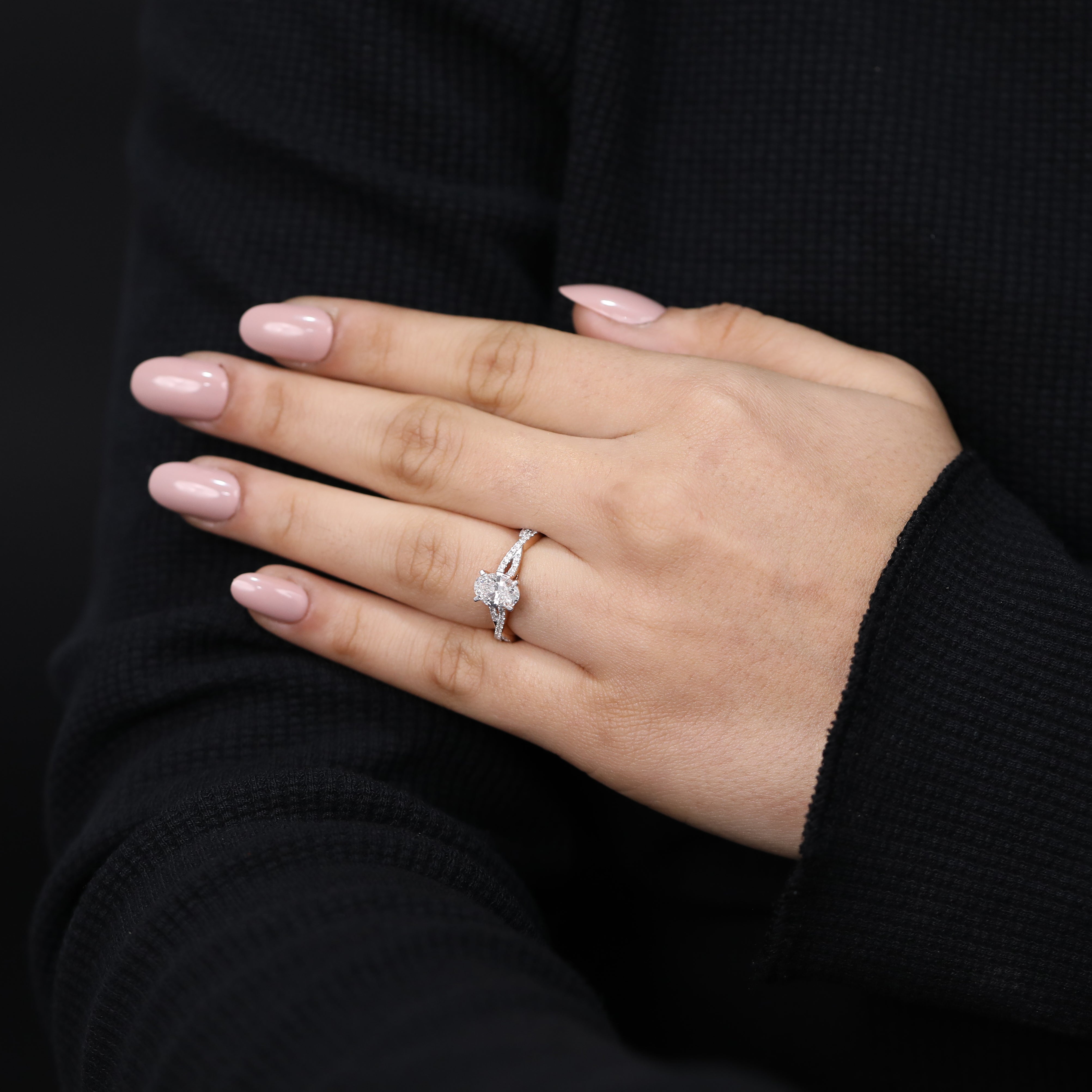 Valentine’s Day engagement ring with lab grown oval diamond