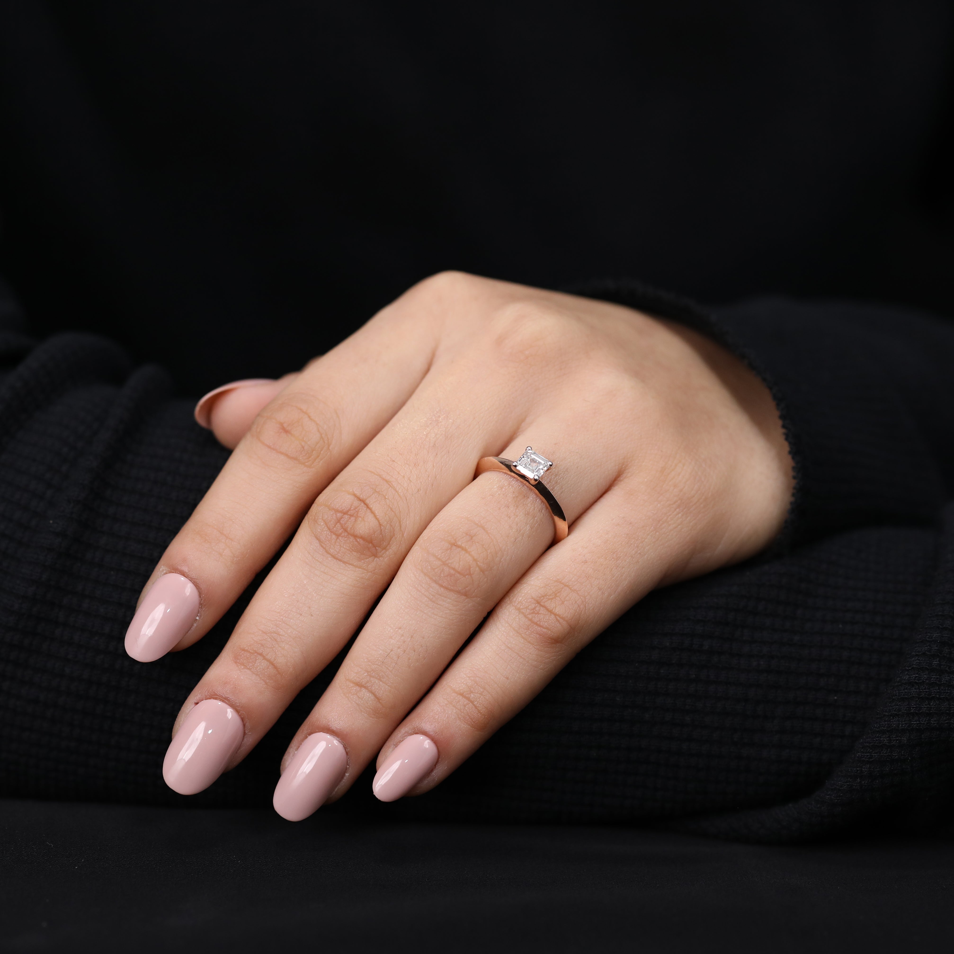 Wedding engagement ring styled with asscher lab created diamond
