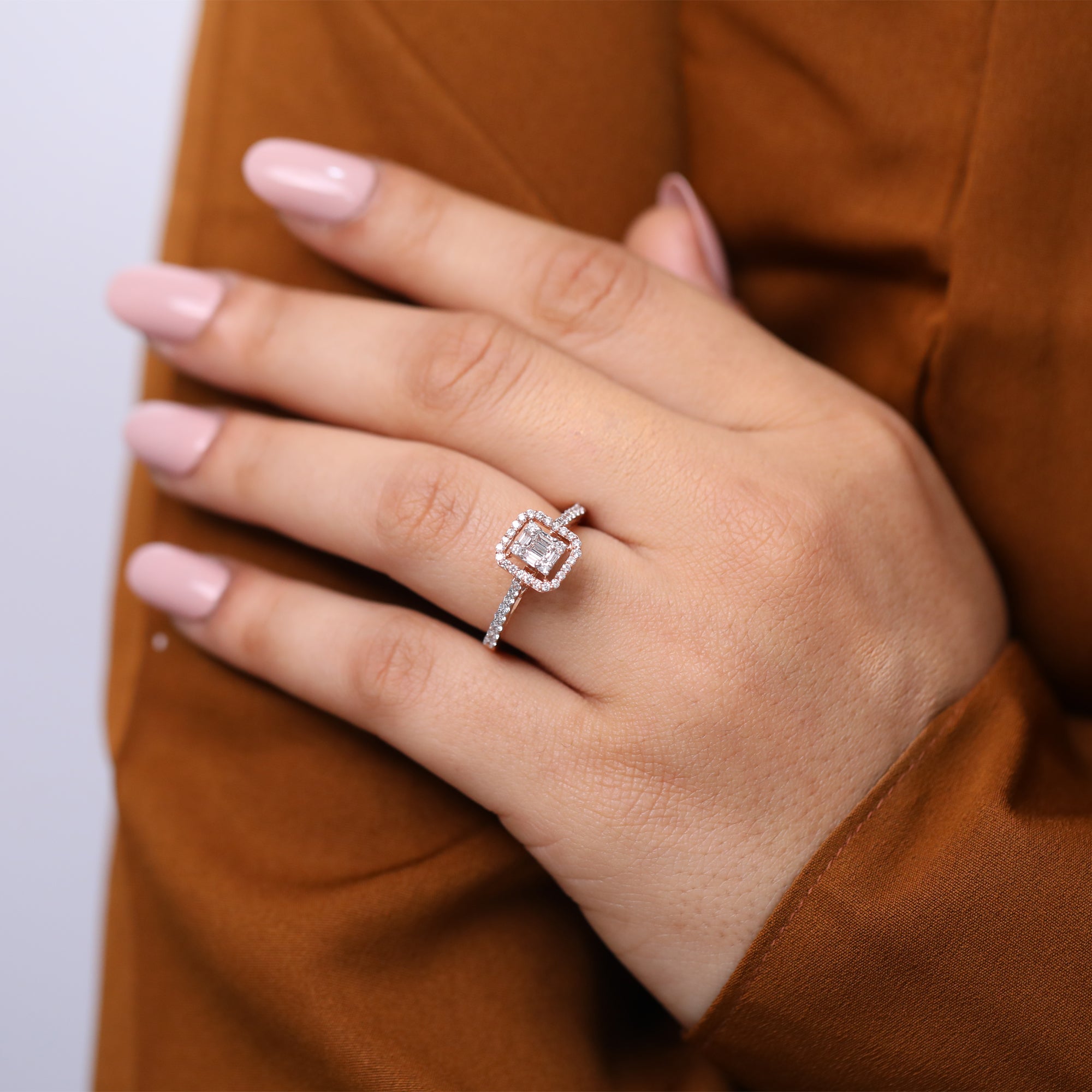 Square shaped halo lab grown diamond ring set in rose gold with pavé accents