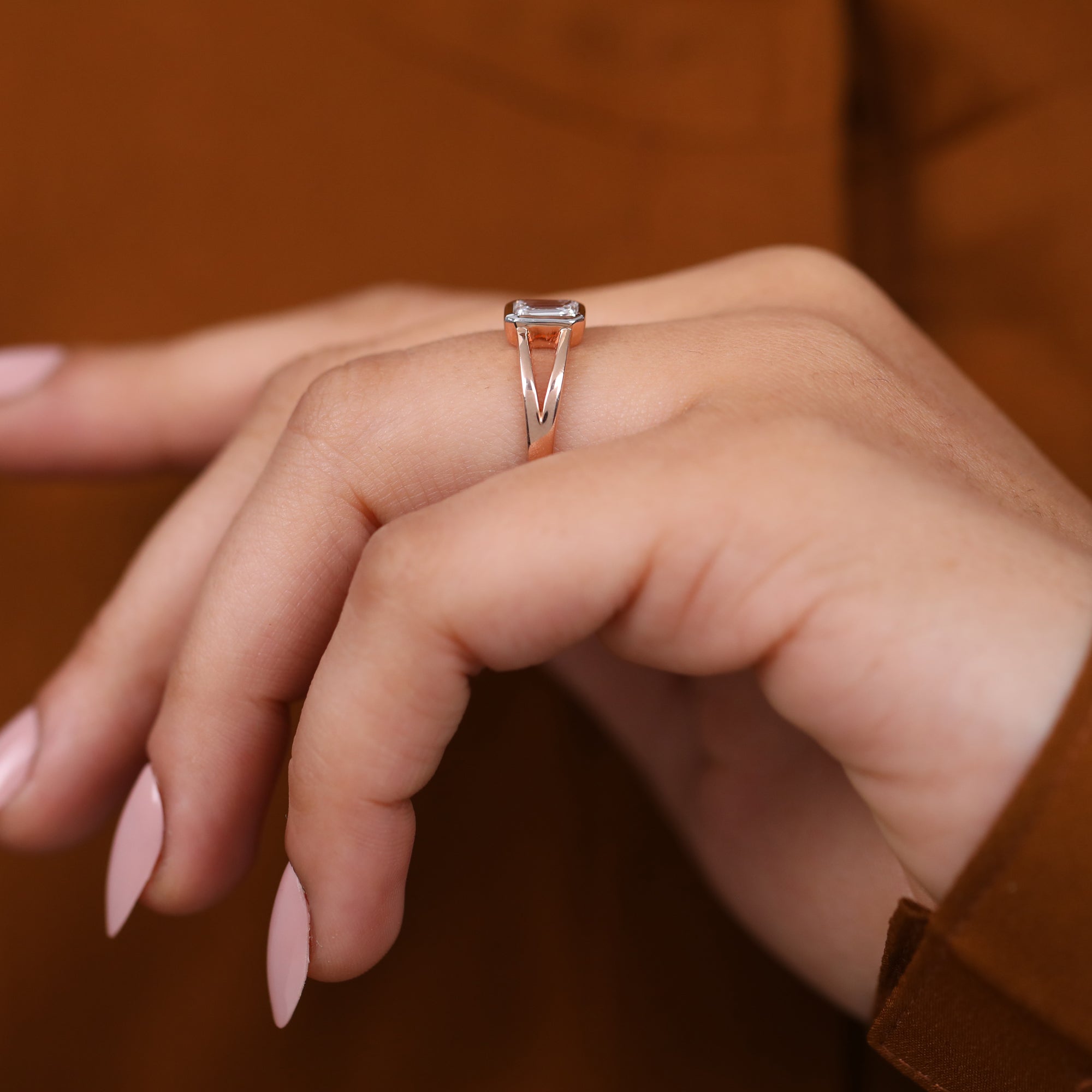 Emerald Cut Lab Diamond Bezel Set Solitaire Ring with Split Shank Band