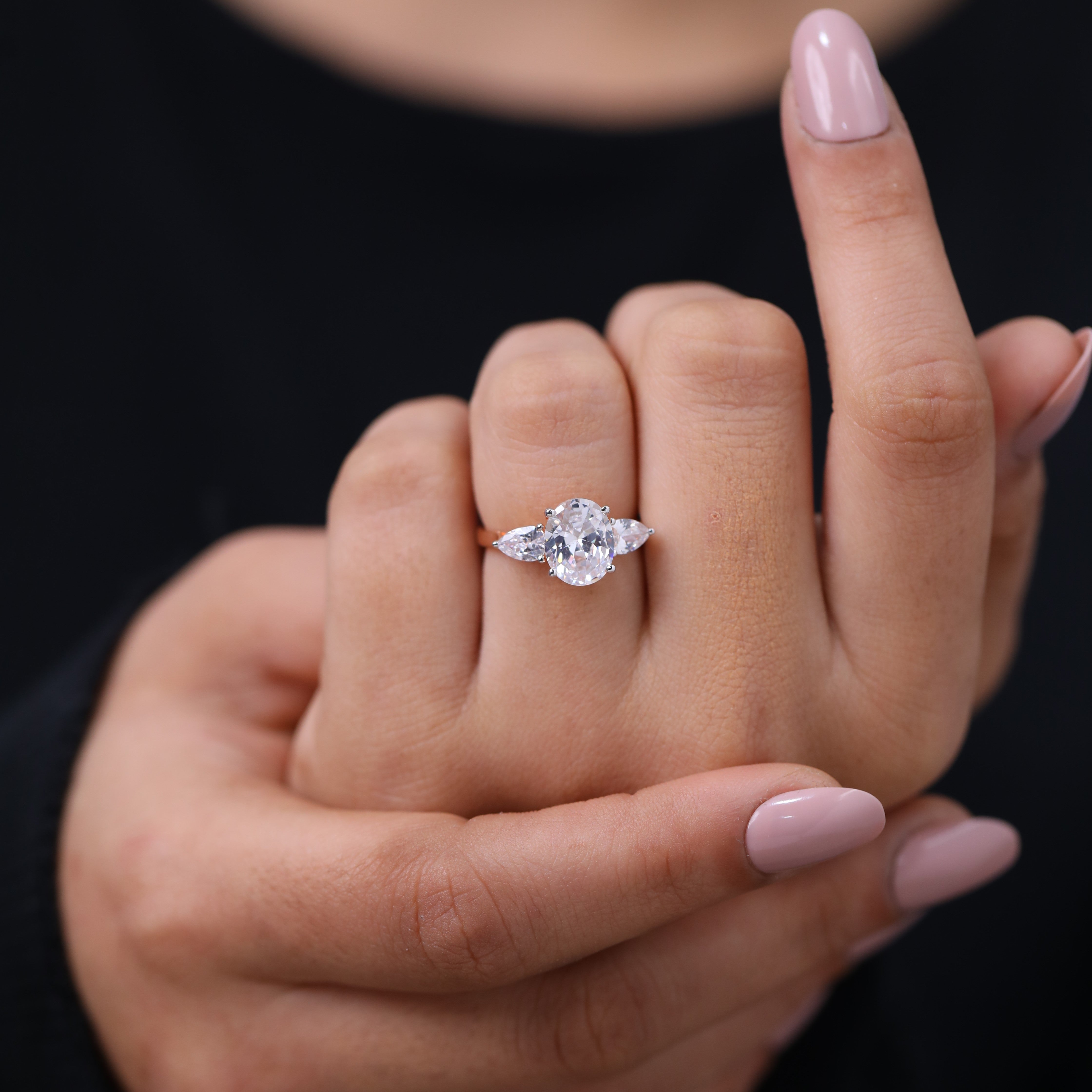 Bridal three stone ring oval cut Lab Diamond center with pear  side stones