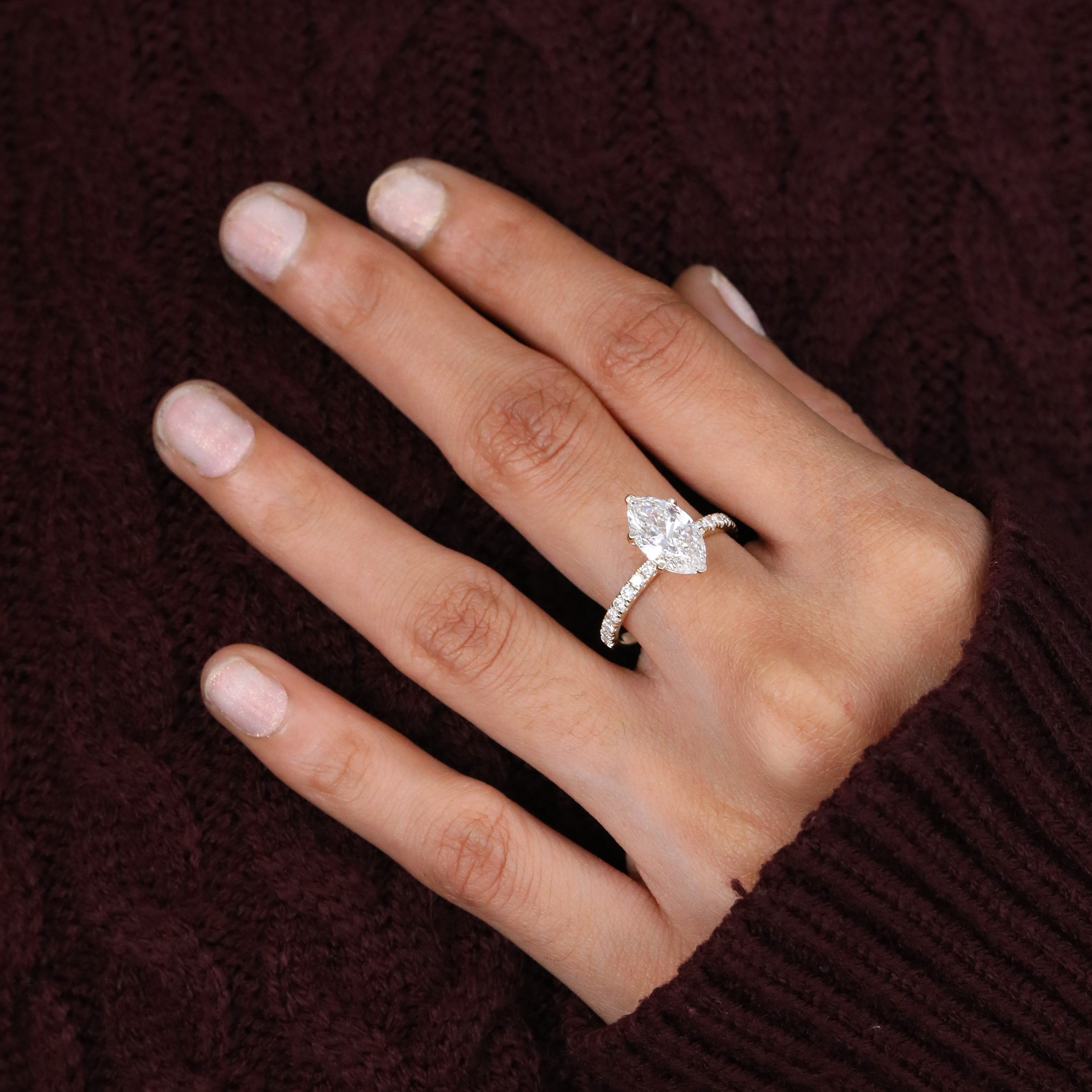 Fine marquise lab diamond engagement ring with side accents