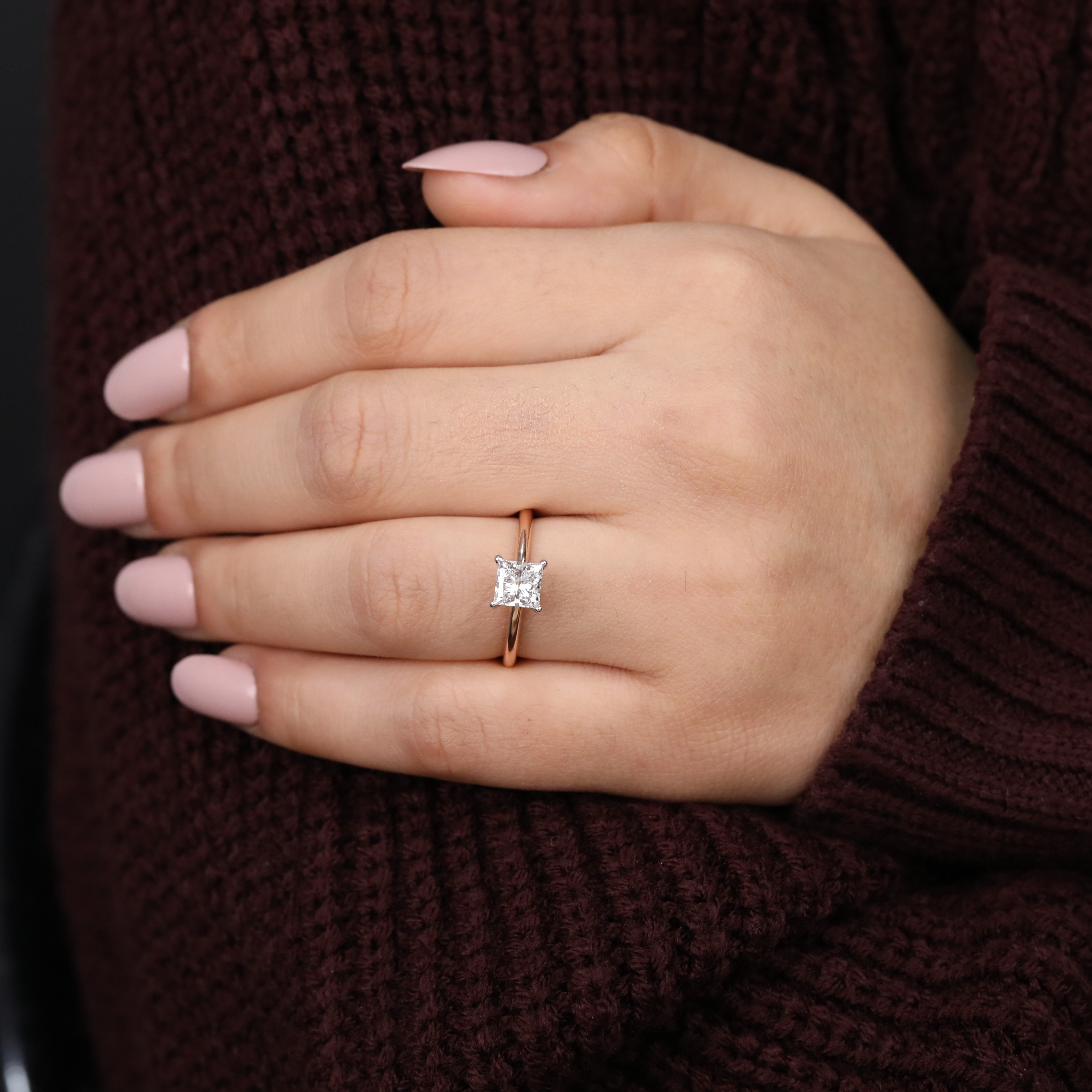 Classic princess cut lab grown diamond ring designed with a smooth modern band