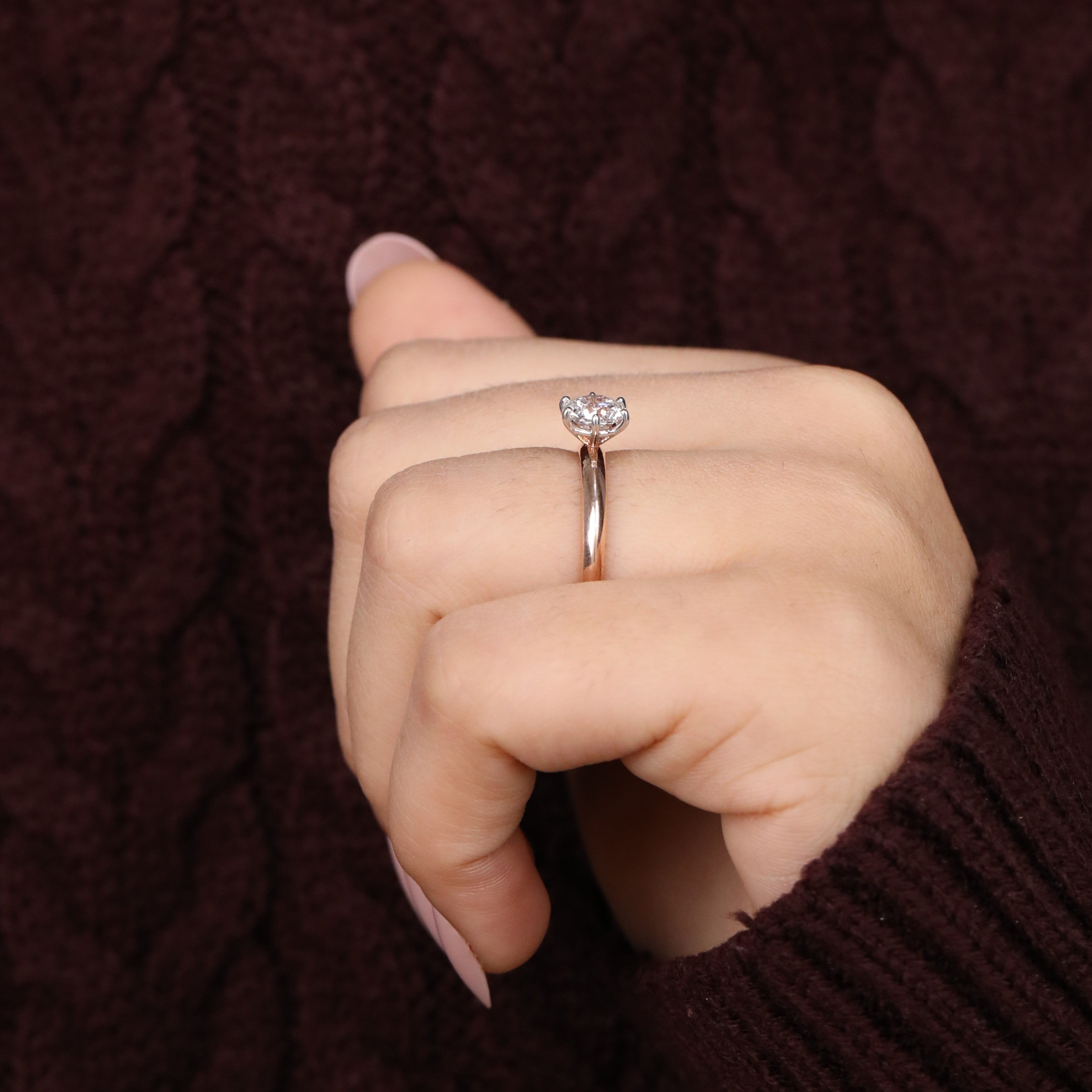 Beautiful ring featuring a sparkling round lab grown diamond in six prongs