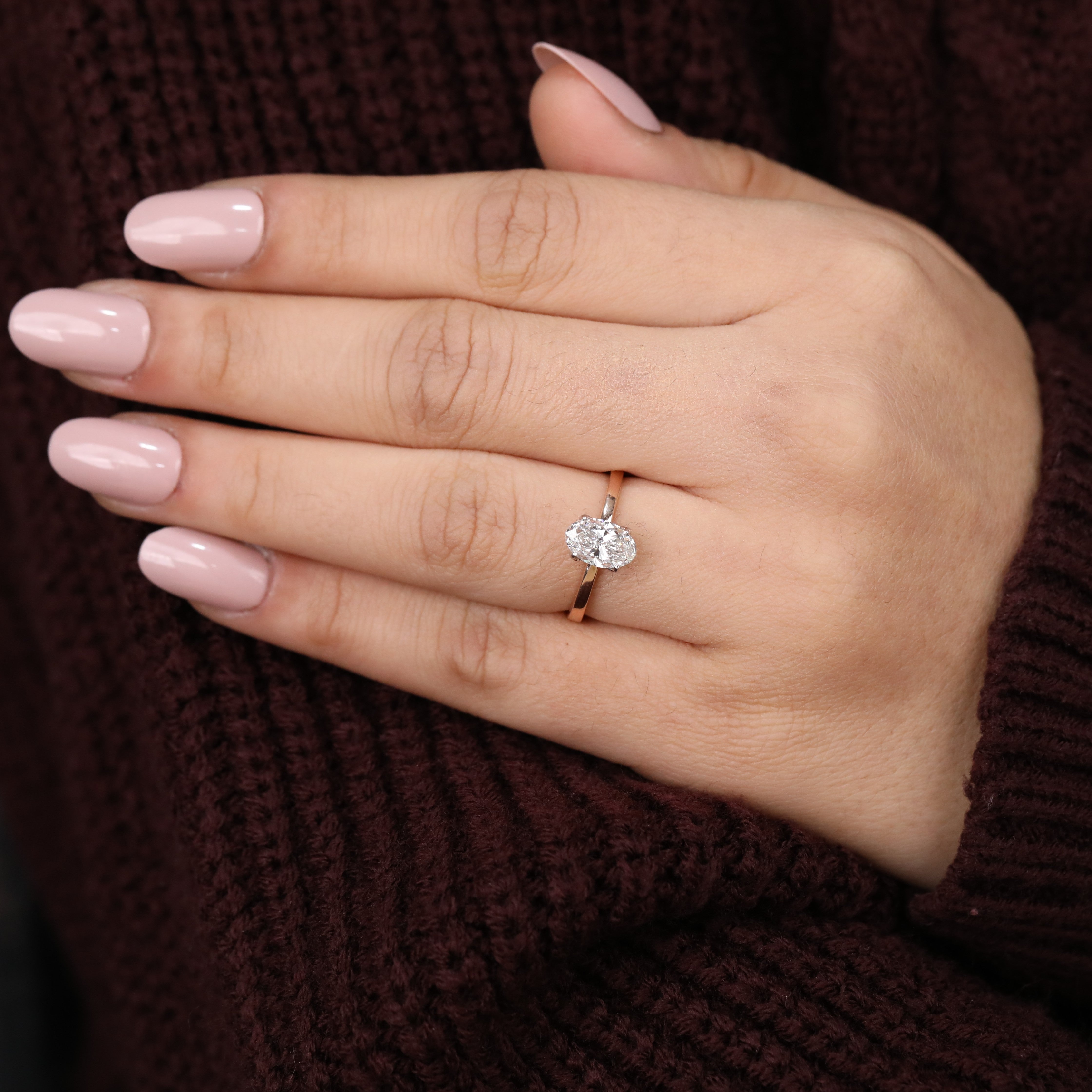 Beautiful oval solitaire ring featuring a sparkling lab grown diamond center