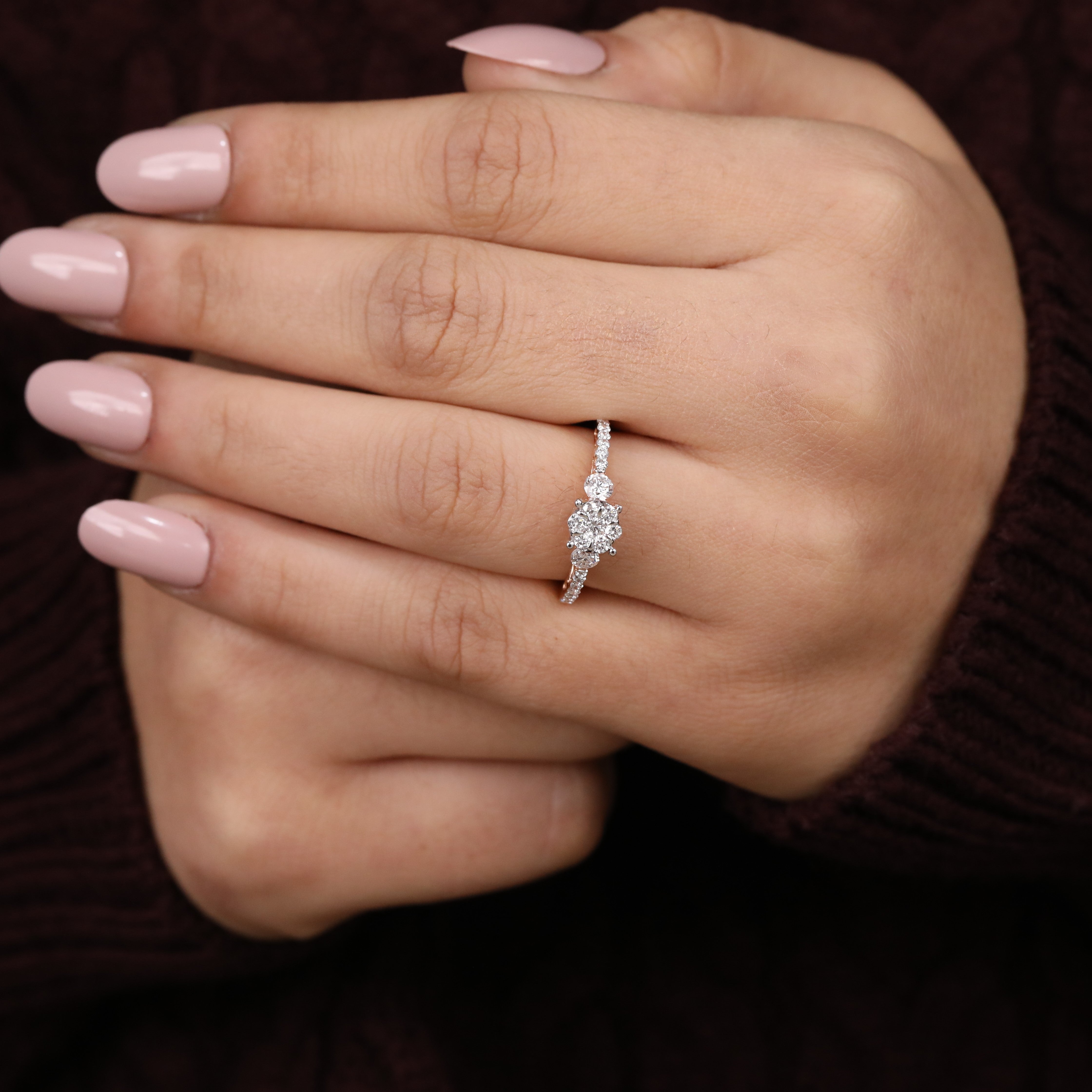 Elegant floral lab grown diamond ring with cluster centerpiece and side stones