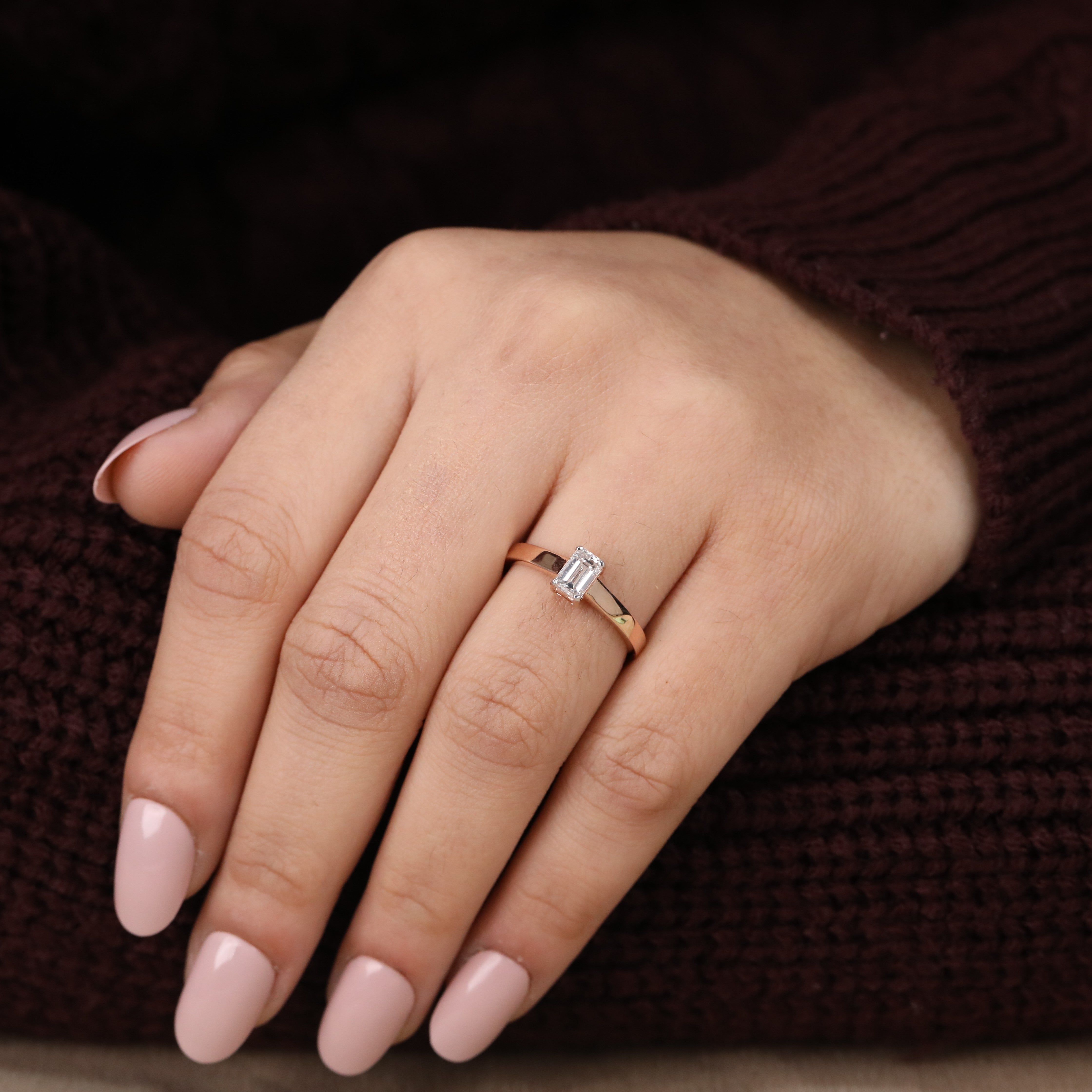 Slim band ring with a sparkling emerald-cut lab-grown diamond solitaire