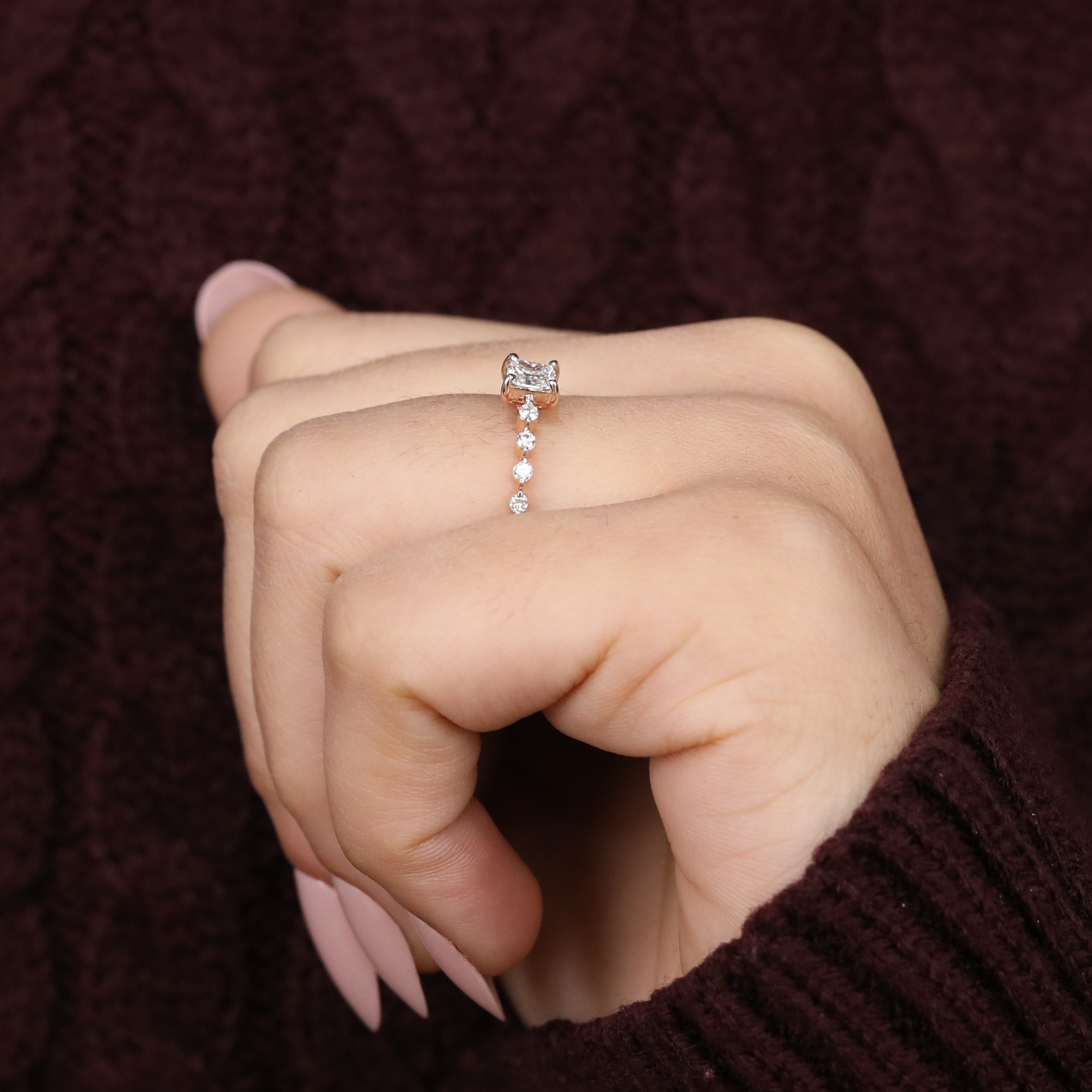 Sparkling Cushion cut lab grown diamond ring with elegant side stone detailing