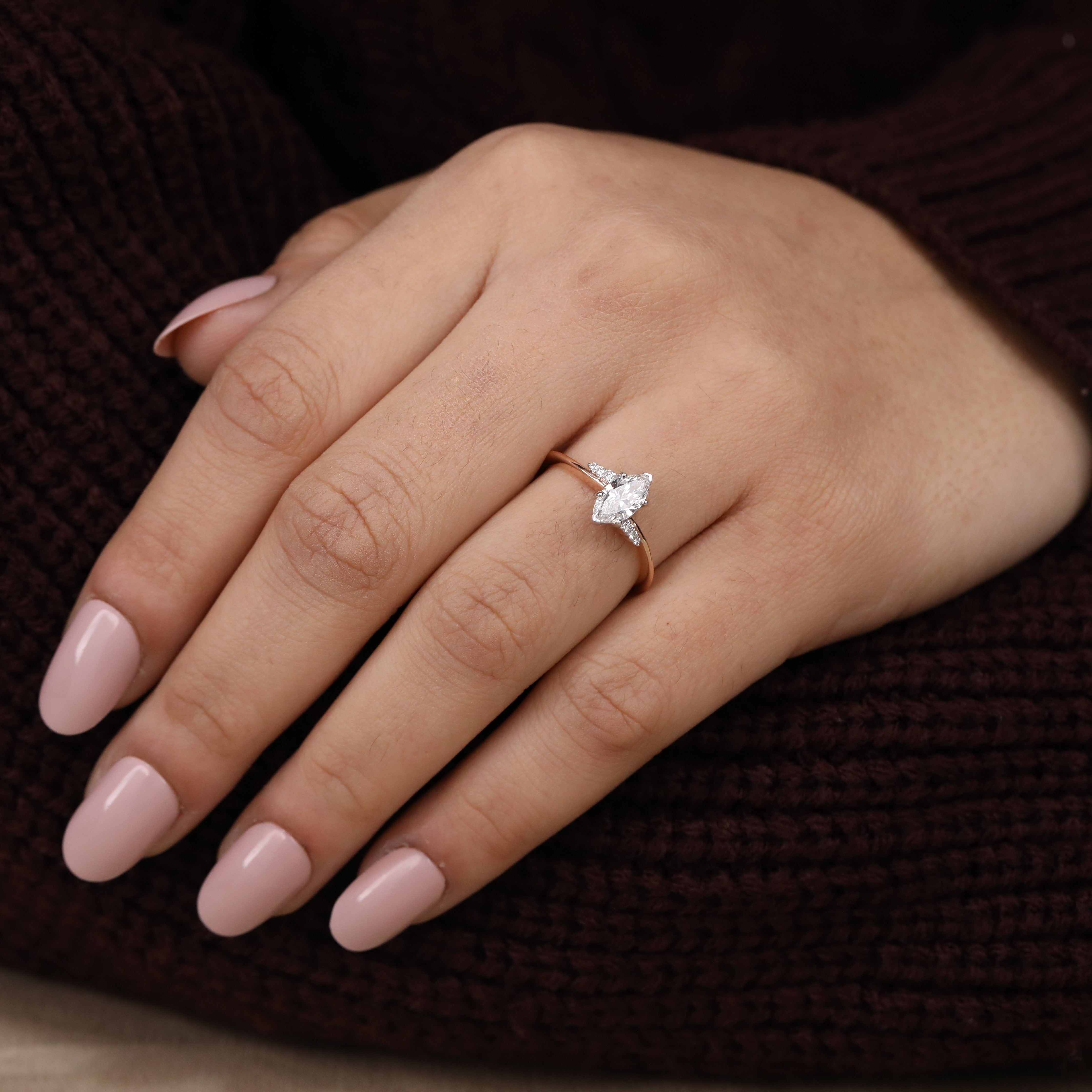 Timeless marquise lab grown diamond engagement ring with delicate side detailing