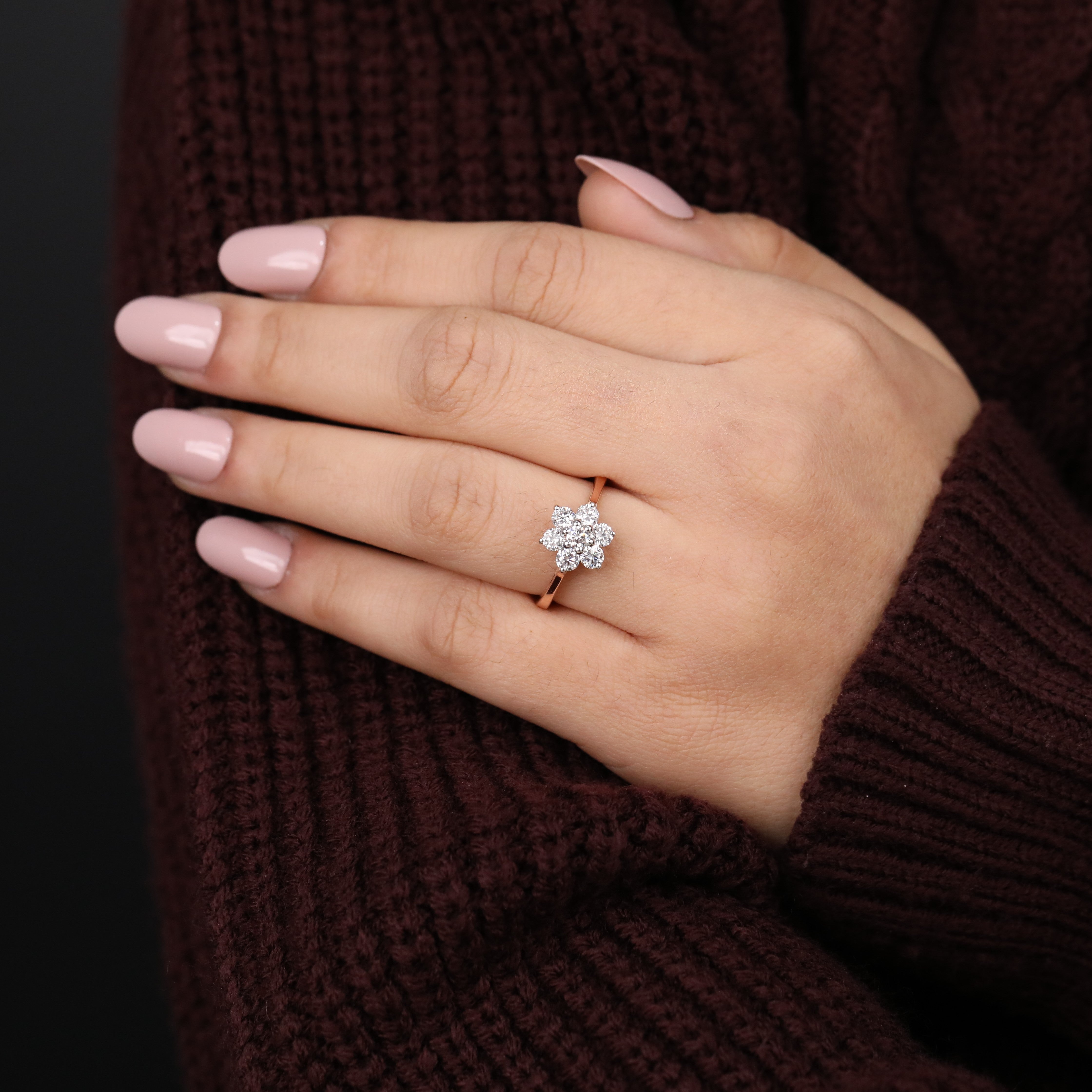 Delicate flower design ring featuring a cluster of lab grown diamonds