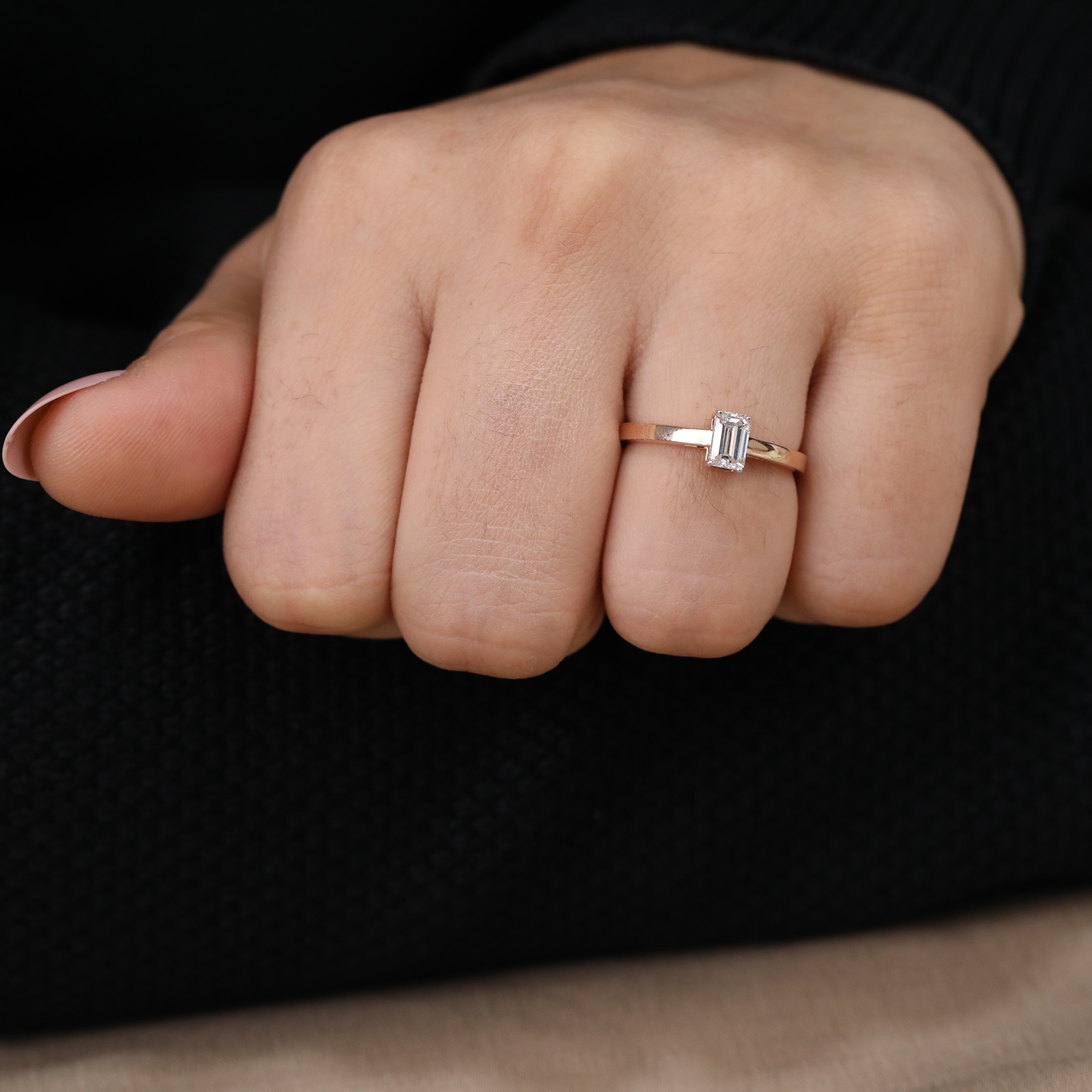 Refined engagement ring showcasing a brilliant emerald cut lab grown diamond