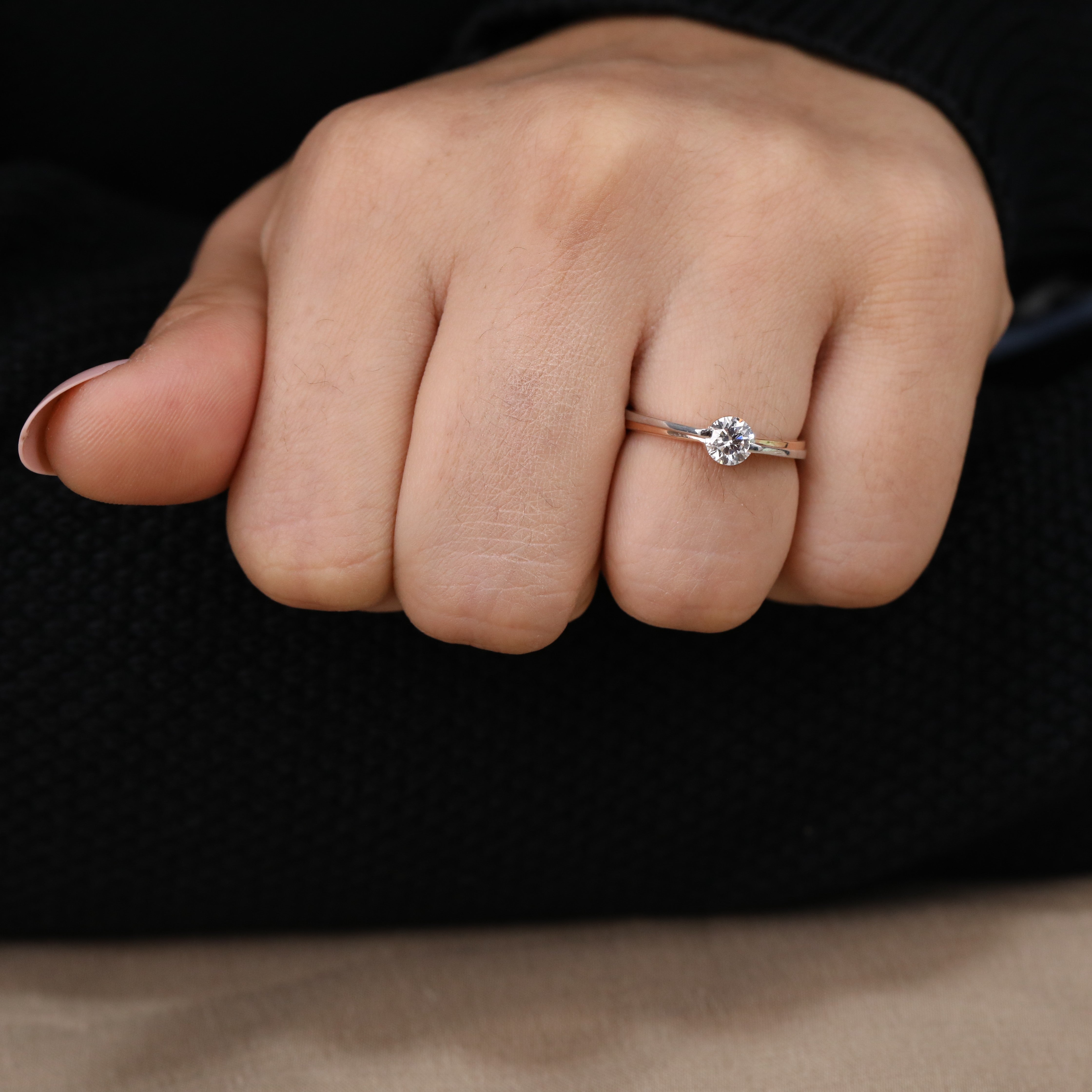 Lab grown diamond solitaire ring crafted with a unique two tone band design.