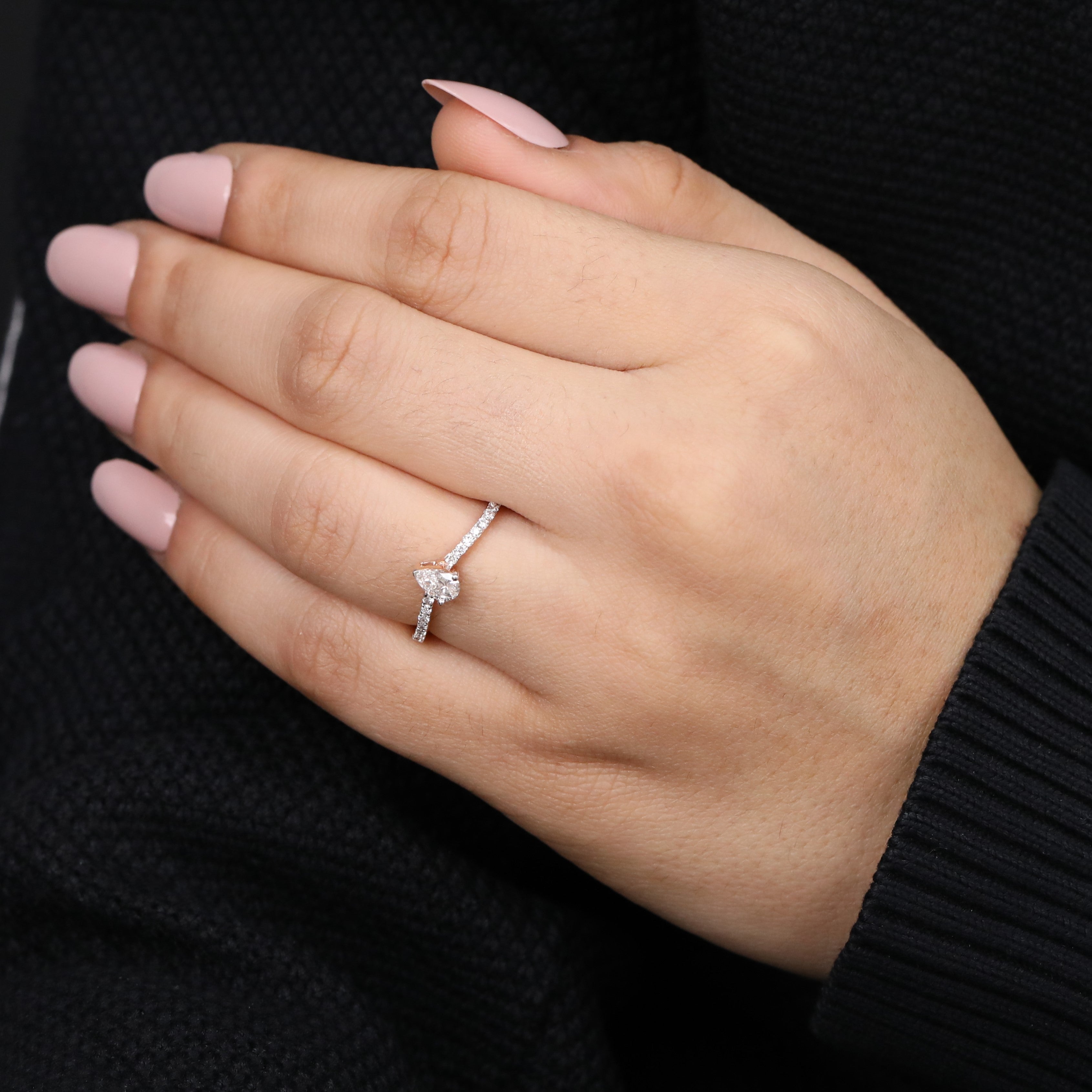 Romantic pear lab grown diamond engagement ring offering bright sparkle and pavé detail