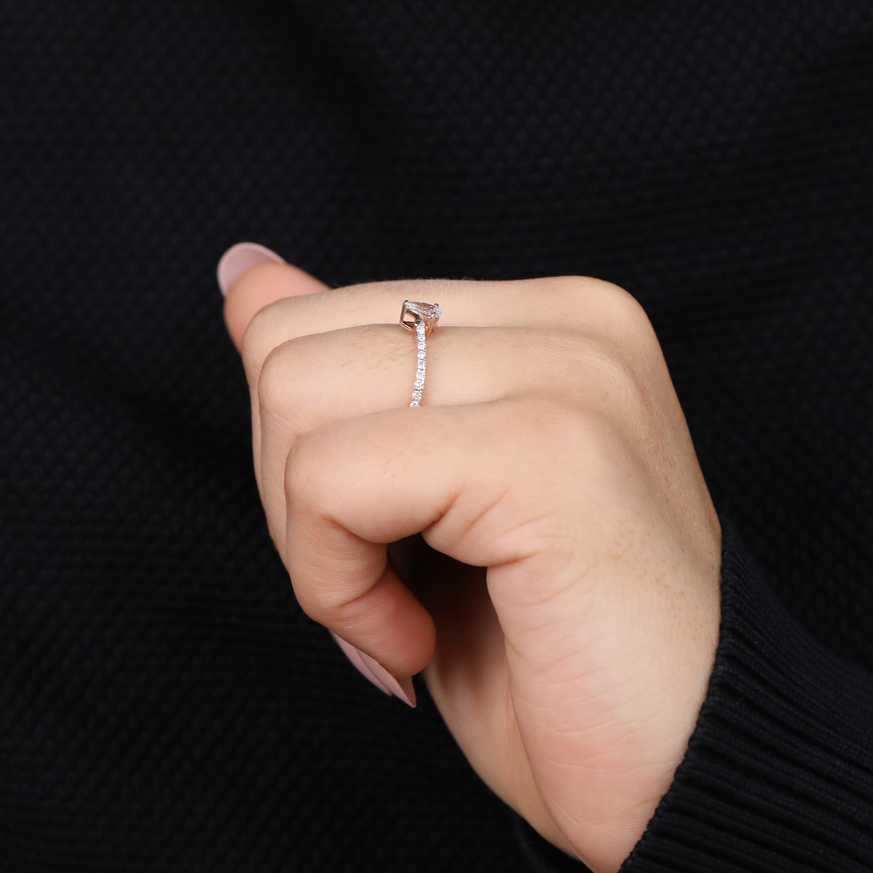 Stylish pear lab grown diamond promise ring featuring elegant pavé side stones