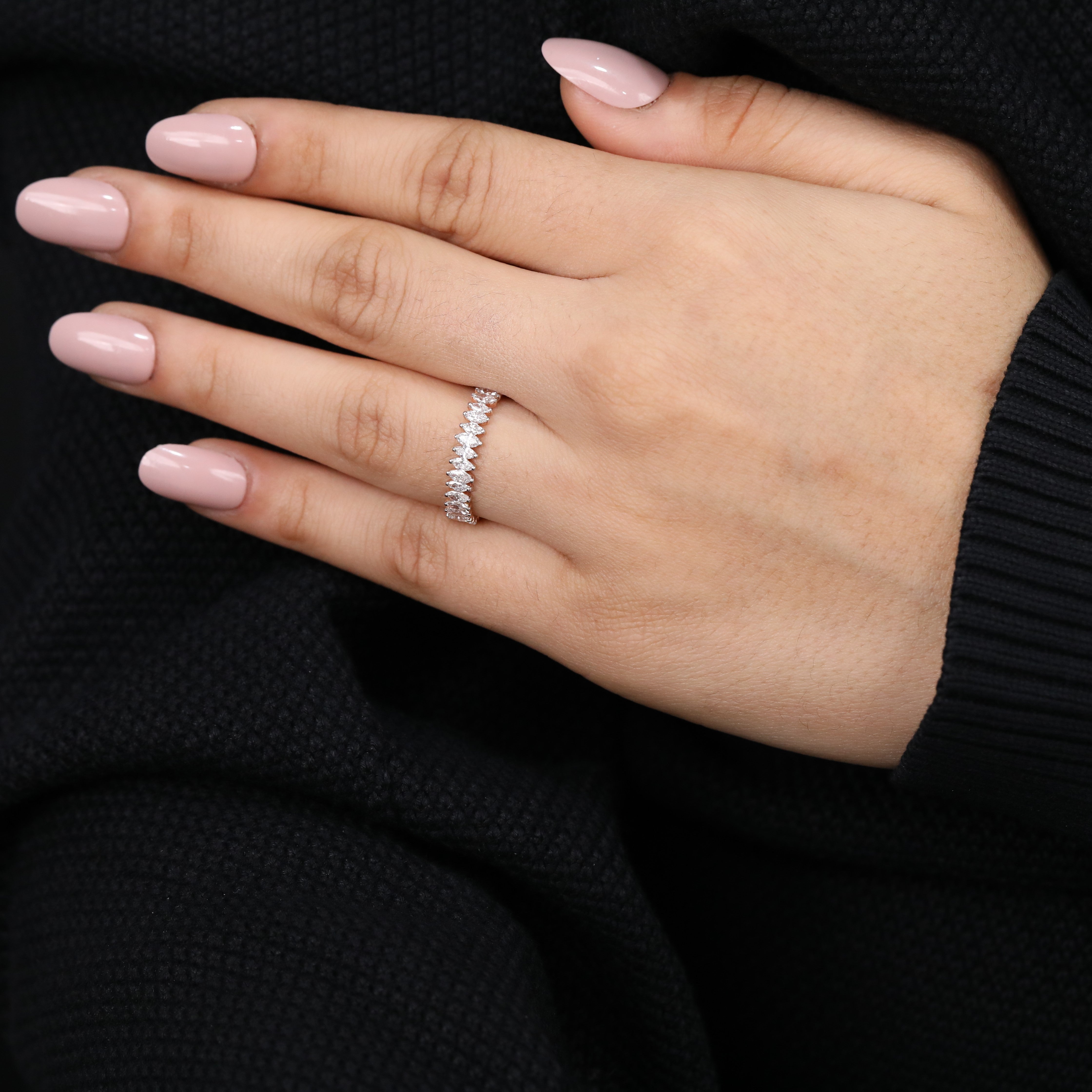 Timeless eternity ring crafted with a row of marquise lab grown diamonds