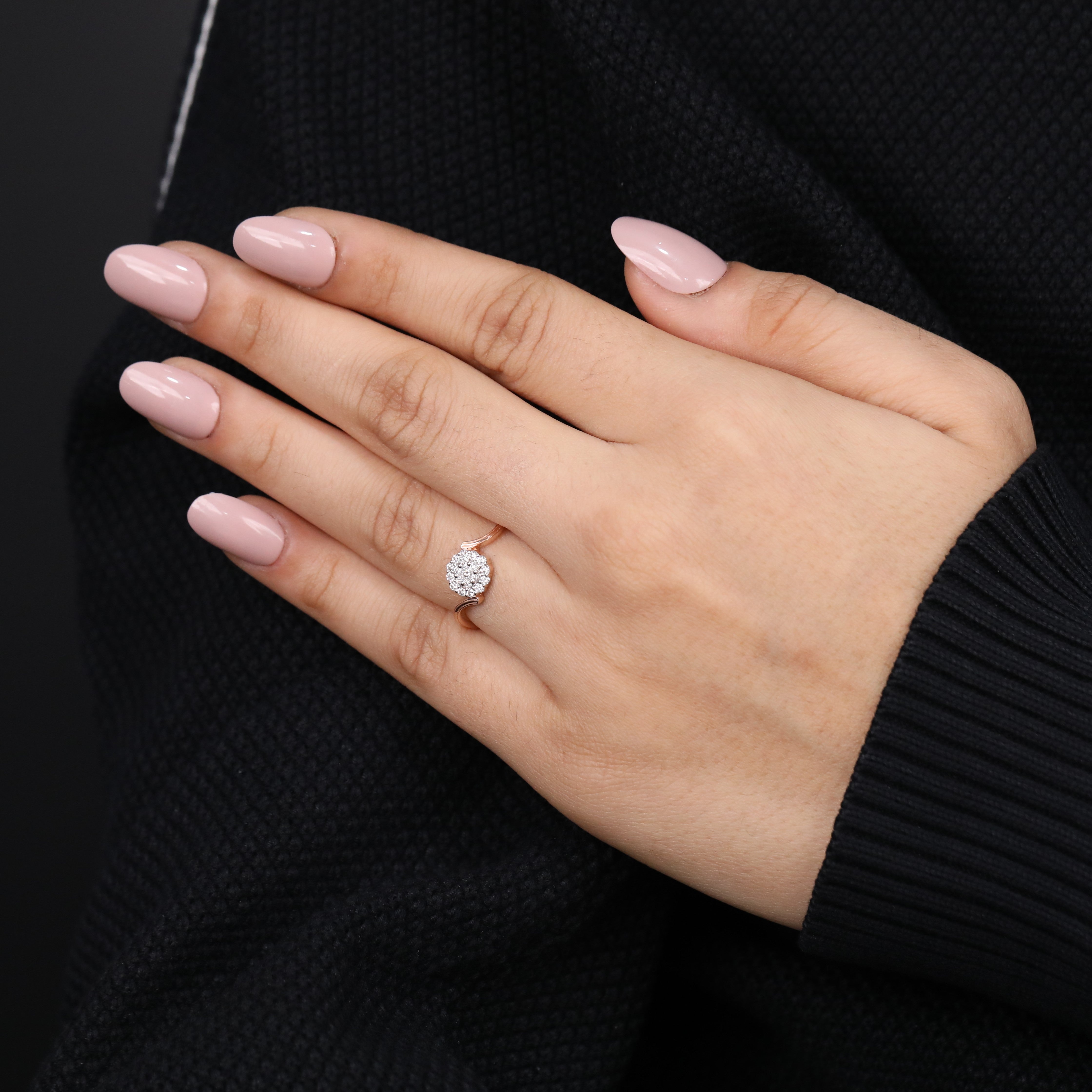 Beautiful swirl band ring featuring a shimmering cluster of lab grown diamonds