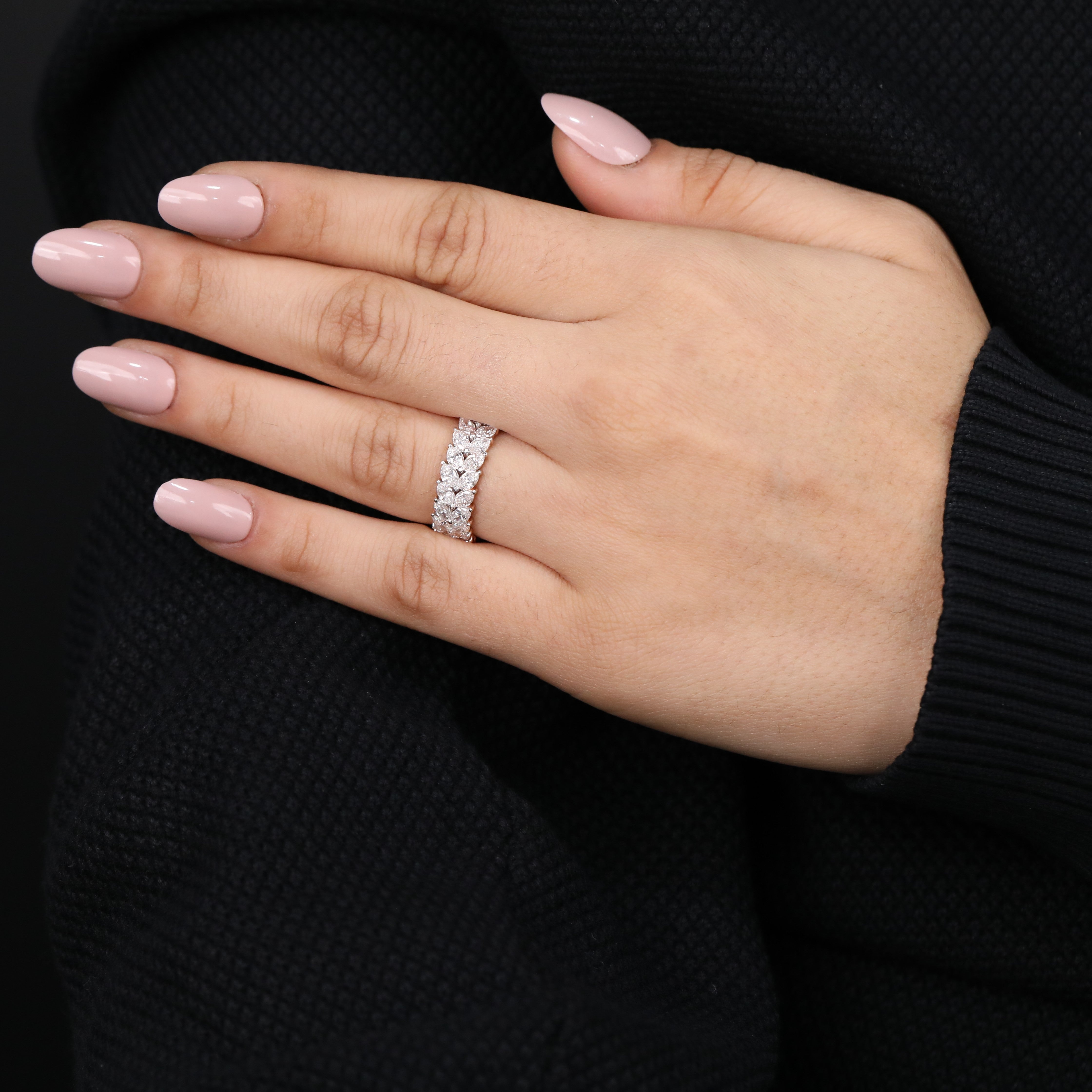 Bold marquise diamond eternity ring offering full circle brilliance and shine.