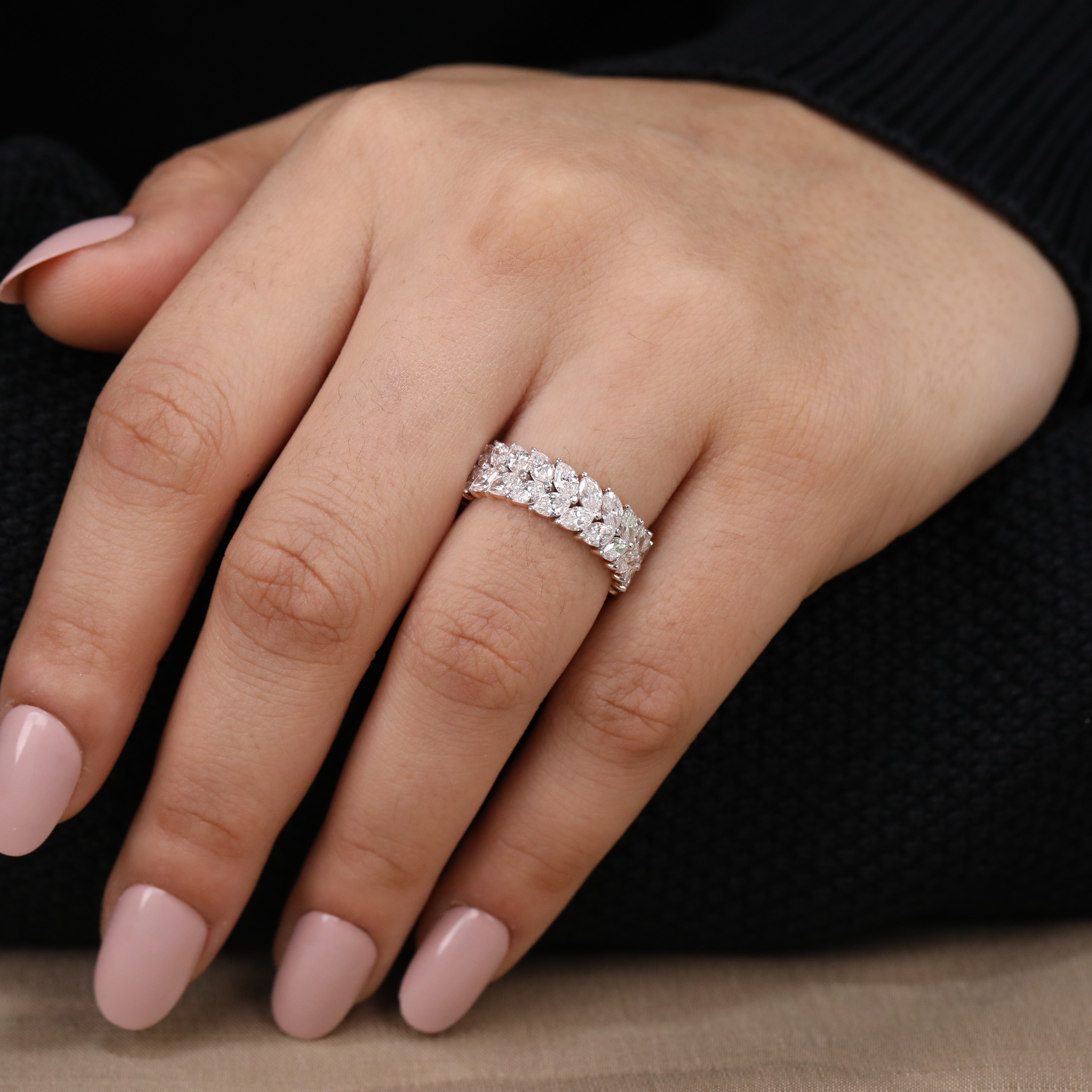 High sparkle eternity ring showcasing marquise lab grown diamonds in full circle