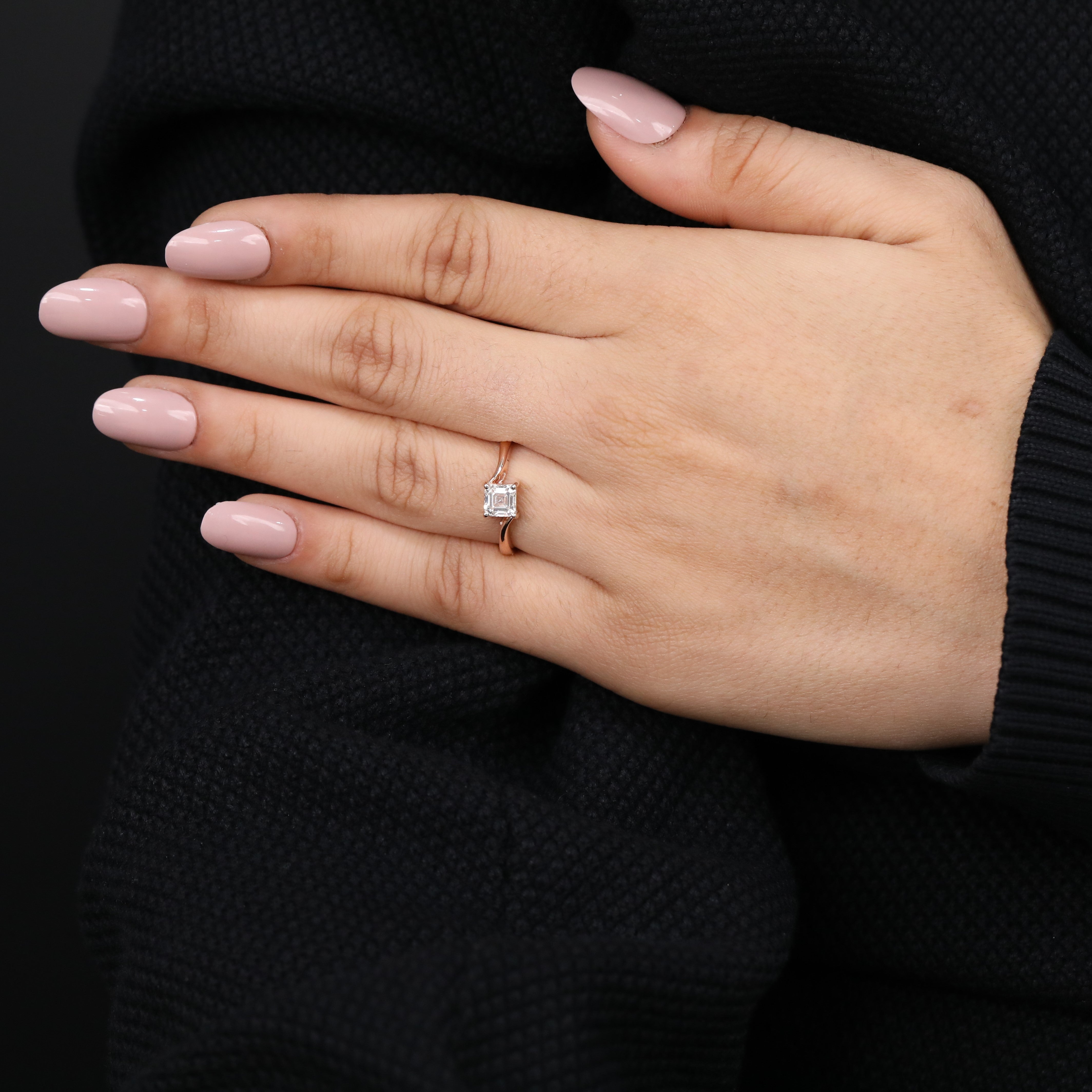 Minimalist solitaire ring featuring a stunning Asscher cut ethical lab grown diamond