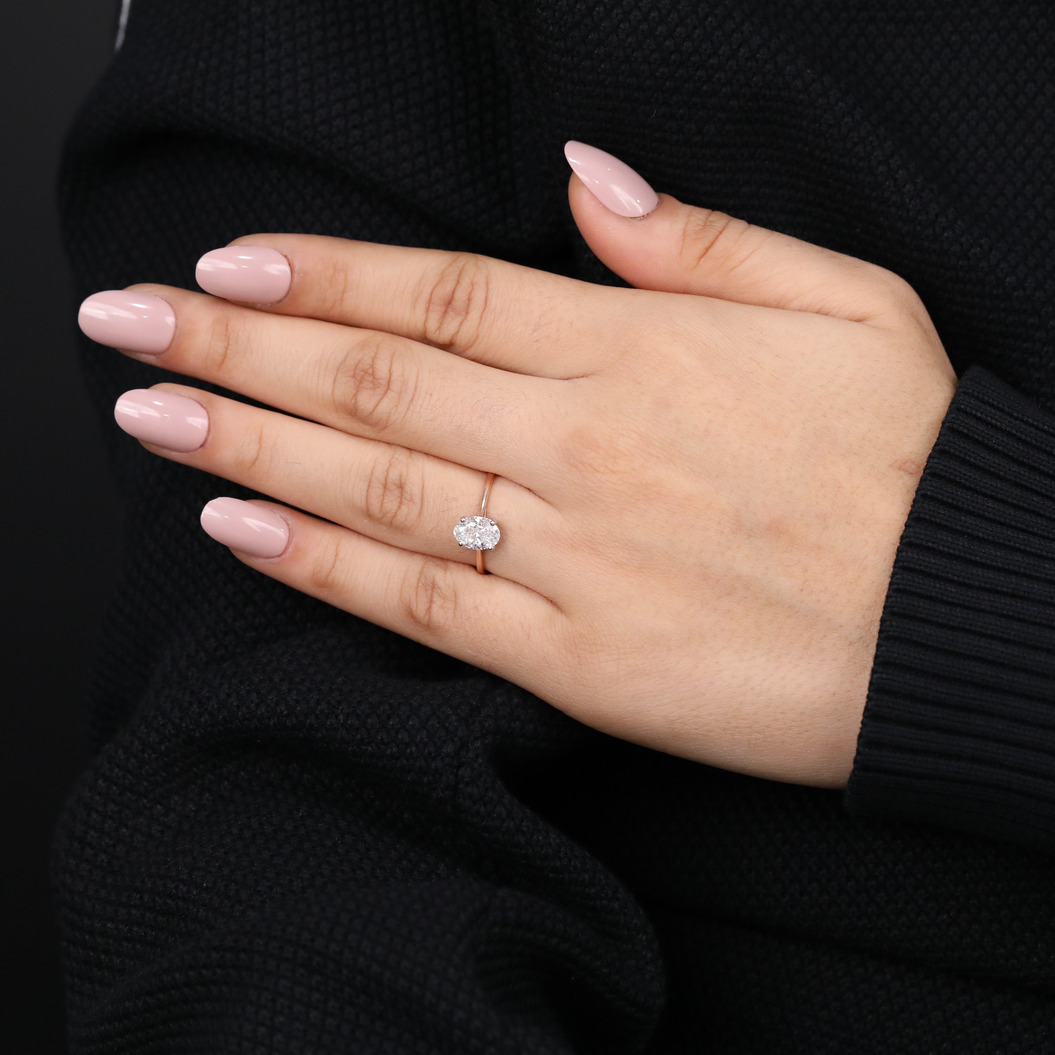 Modern oval solitaire ring featuring an ethical lab grown diamond centerpiece.