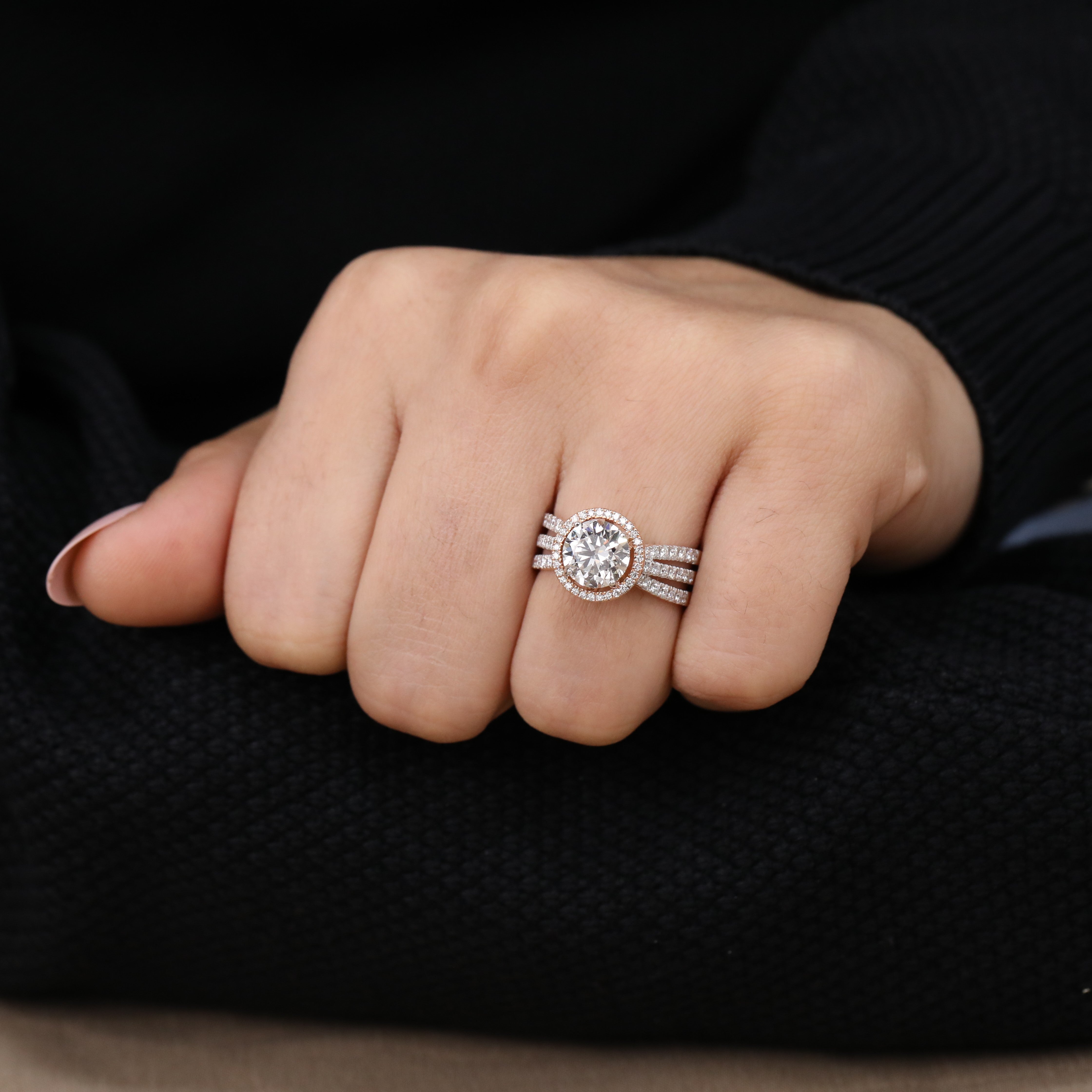 Lux halo ring with round lab grown diamond and triple row pavé band