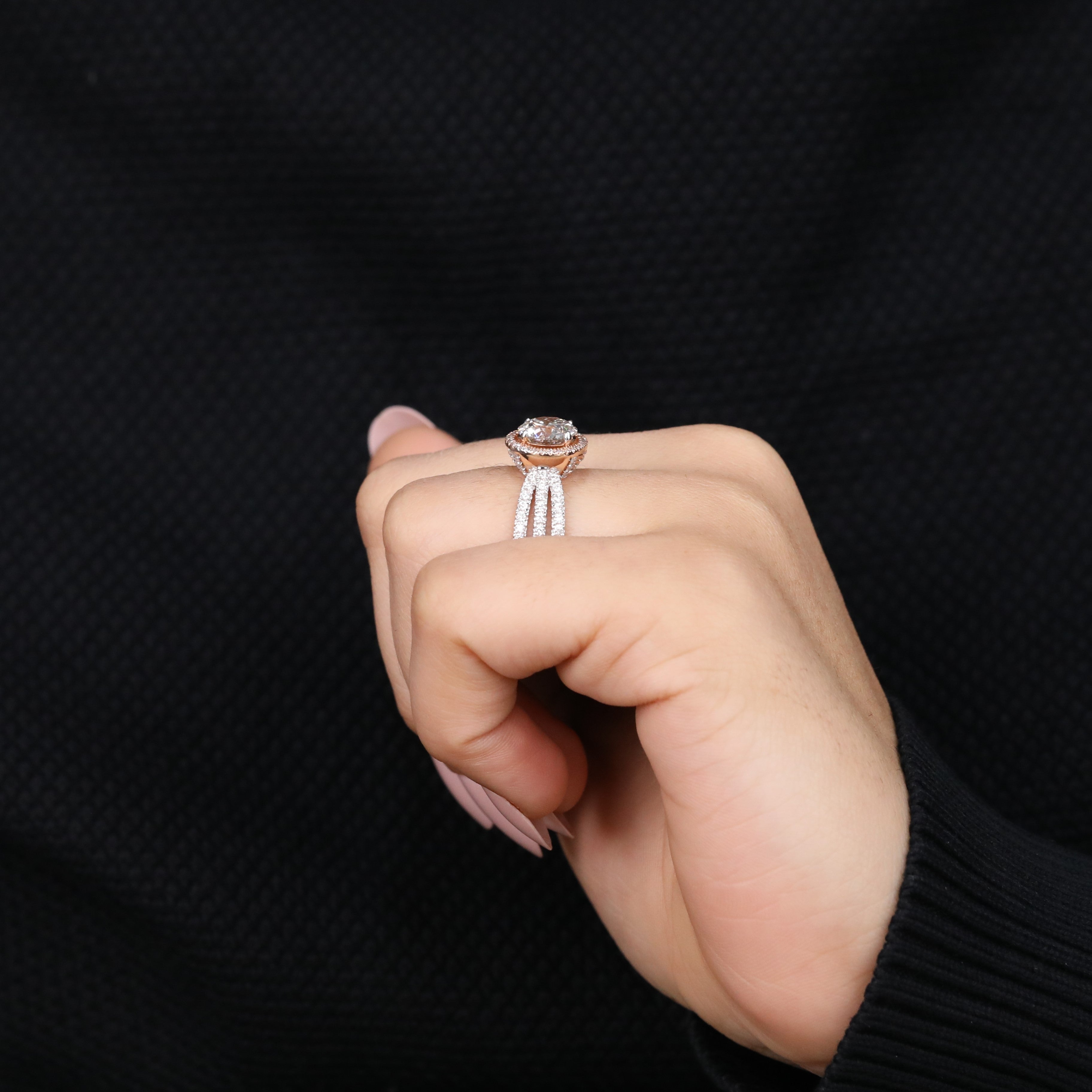 Triple Split Shank Halo Lab Grown Diamond Engagement Ring, Ethical Lumina Ring