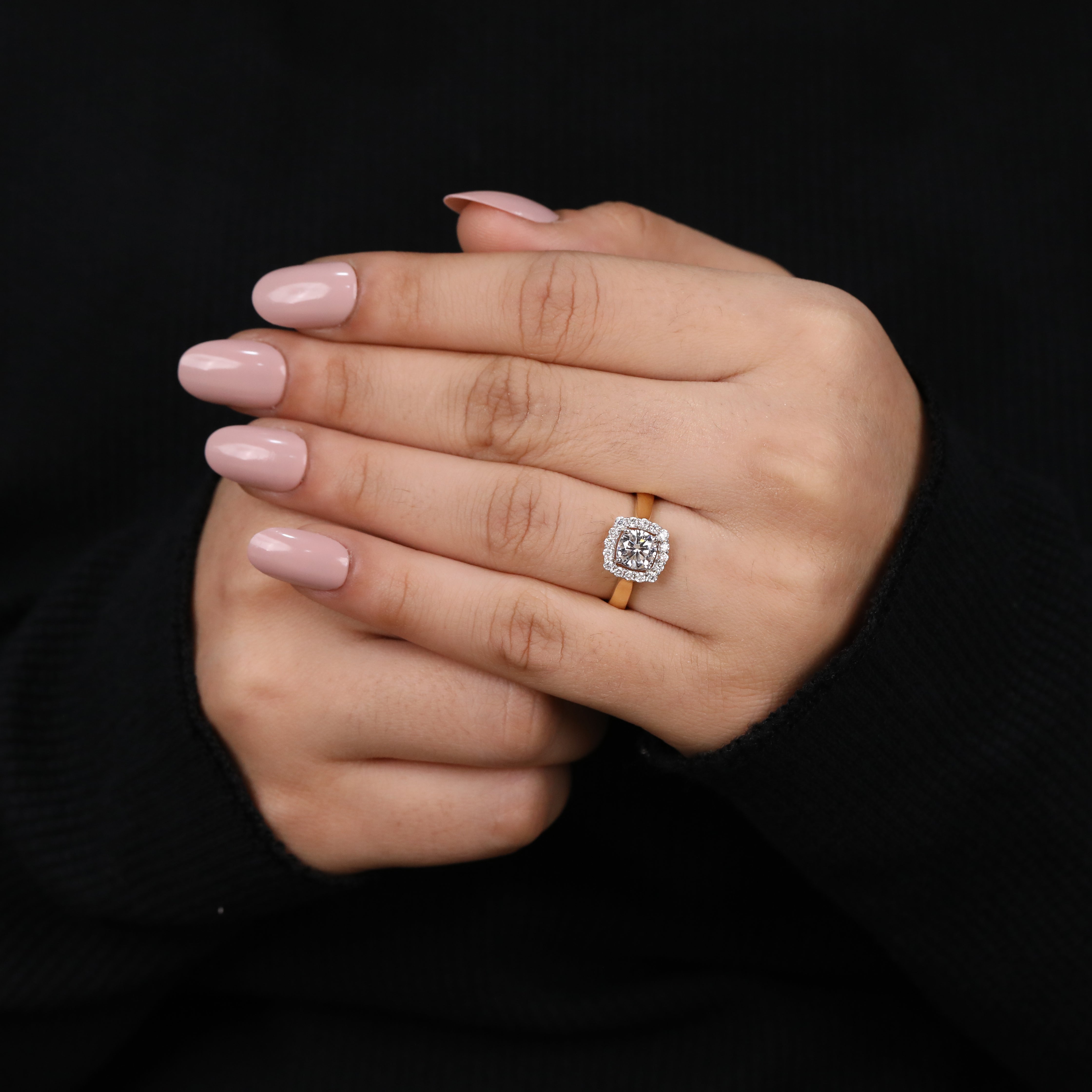 Timeless round lab diamond halo ring designed with layered sparkle