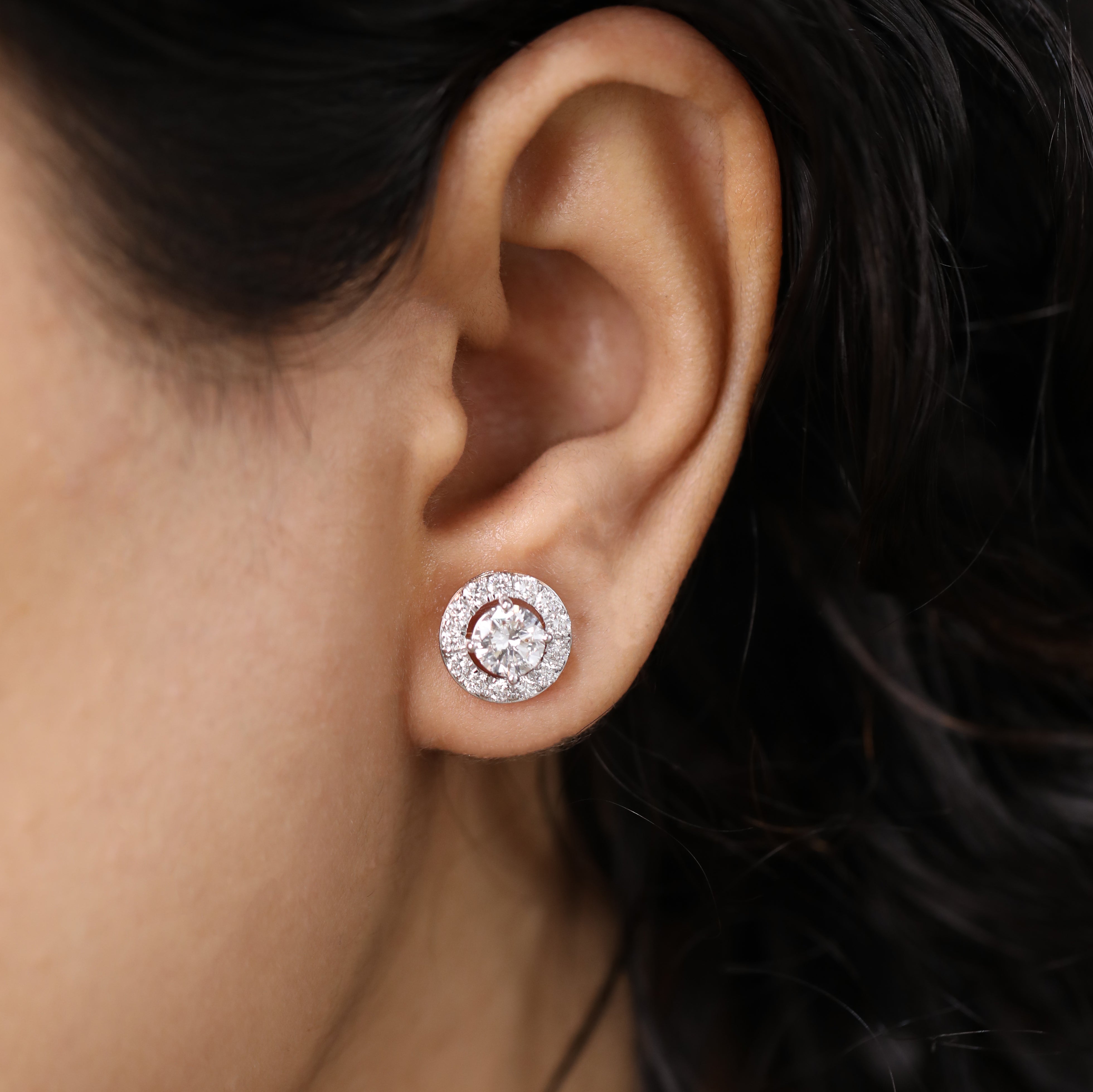 Shimmering round halo diamond earrings perfect for wedding functions and gifting