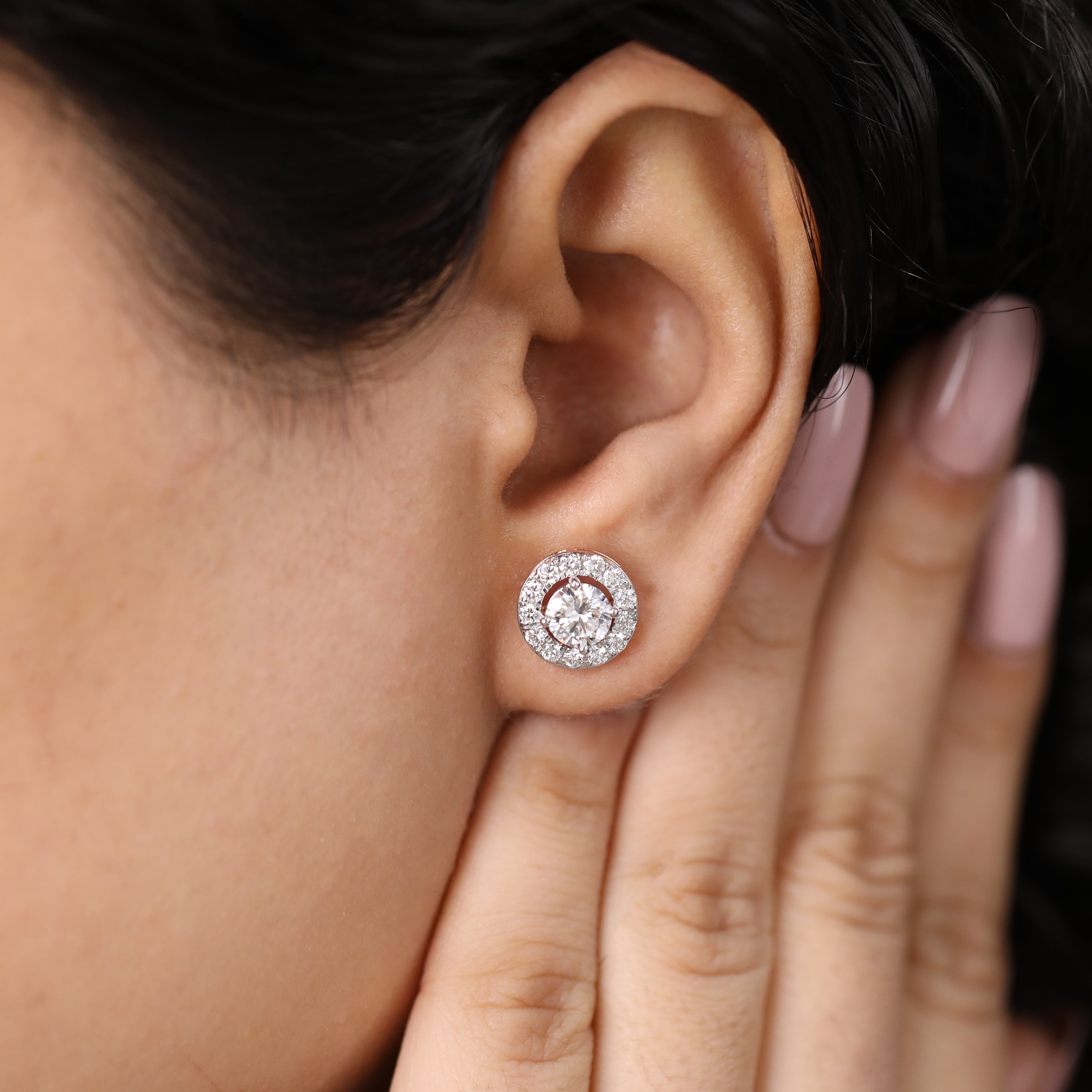 Luxury round cut halo diamond studs ideal for anniversary gifting moments