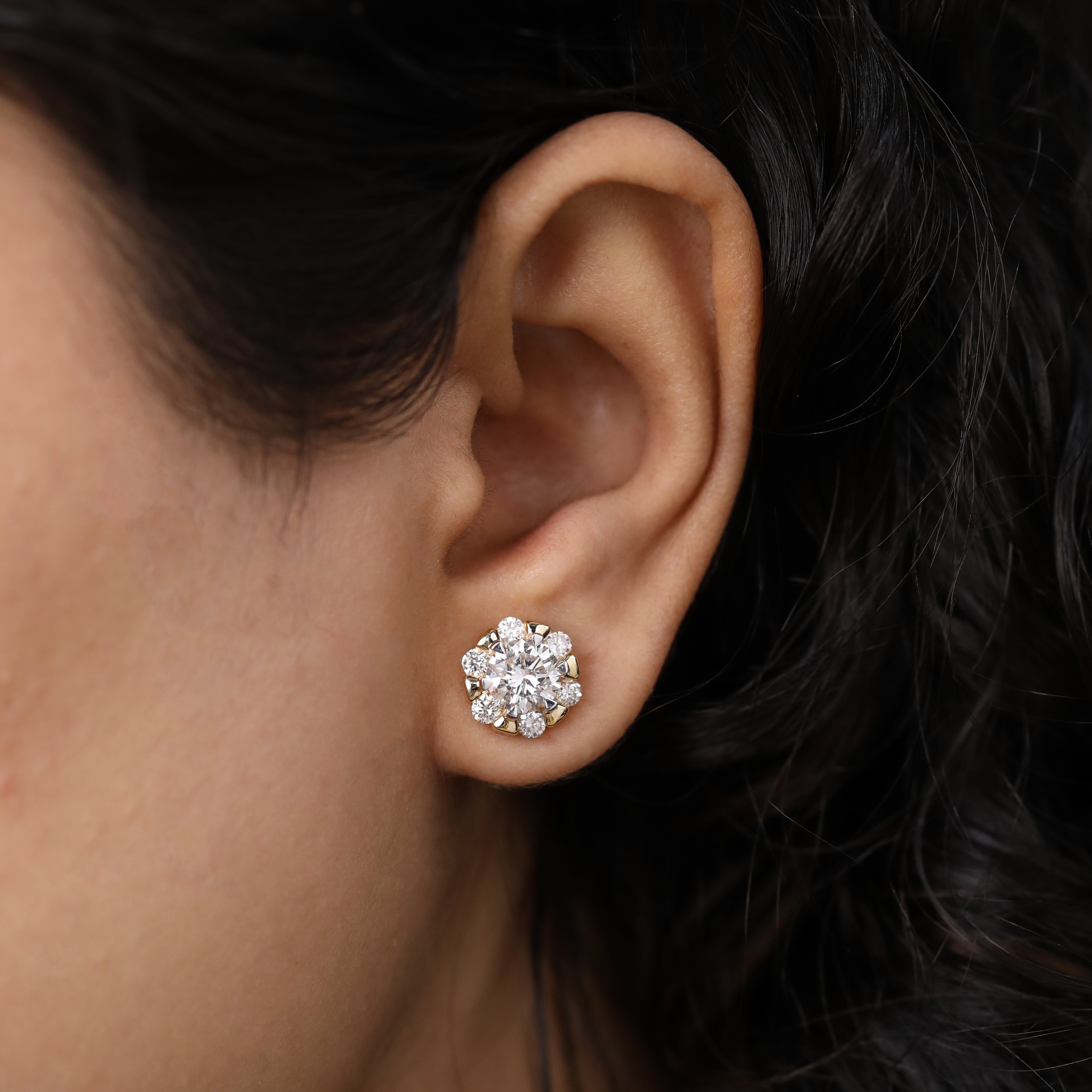 Radiant round diamond cluster studs suited for wedding and festive moments.