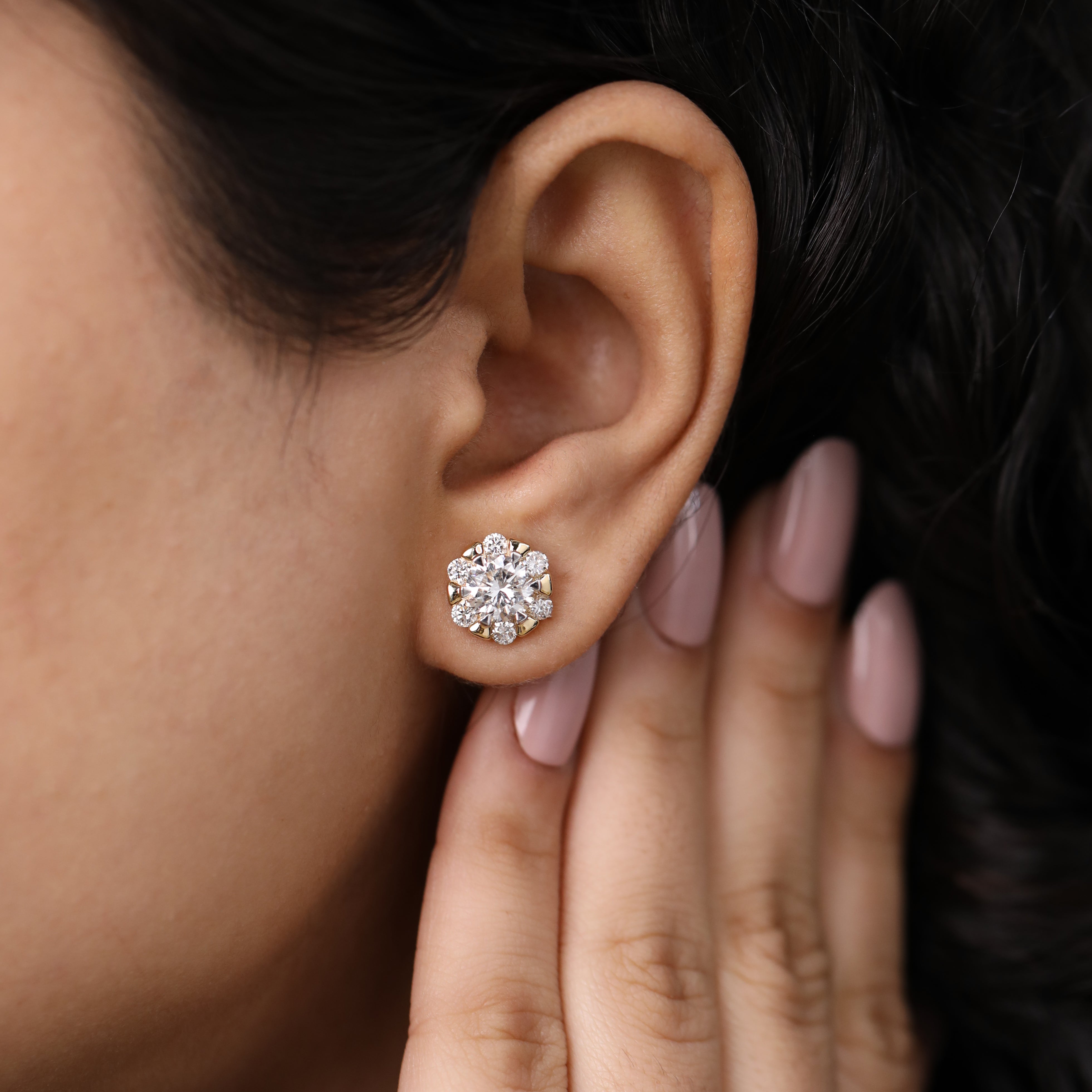 Stylish round diamond cluster studs perfect for birthday or anniversary gifts.