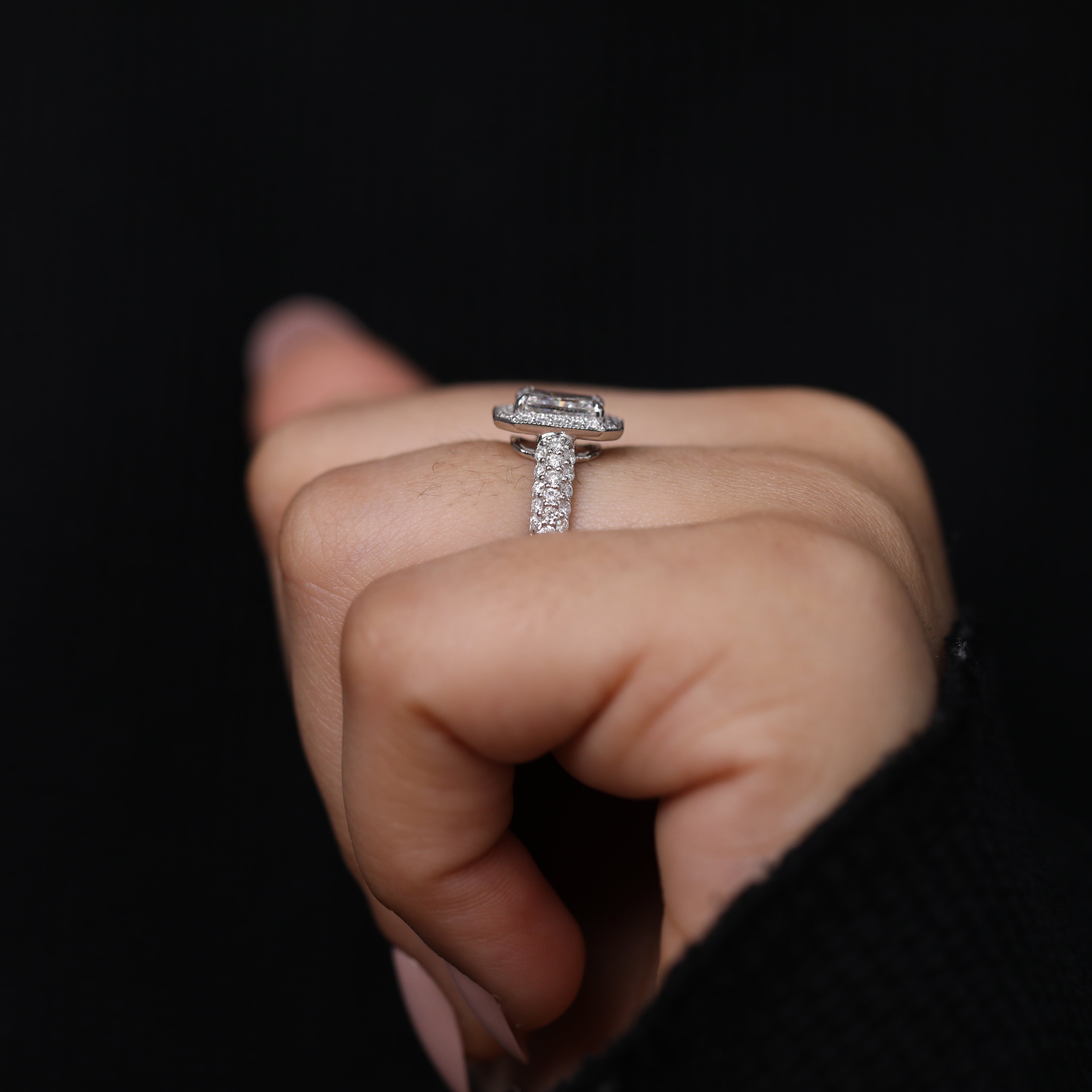 Radiant Halo Solitaire Lab Diamond Engagement Ring with Diamond Pave Band