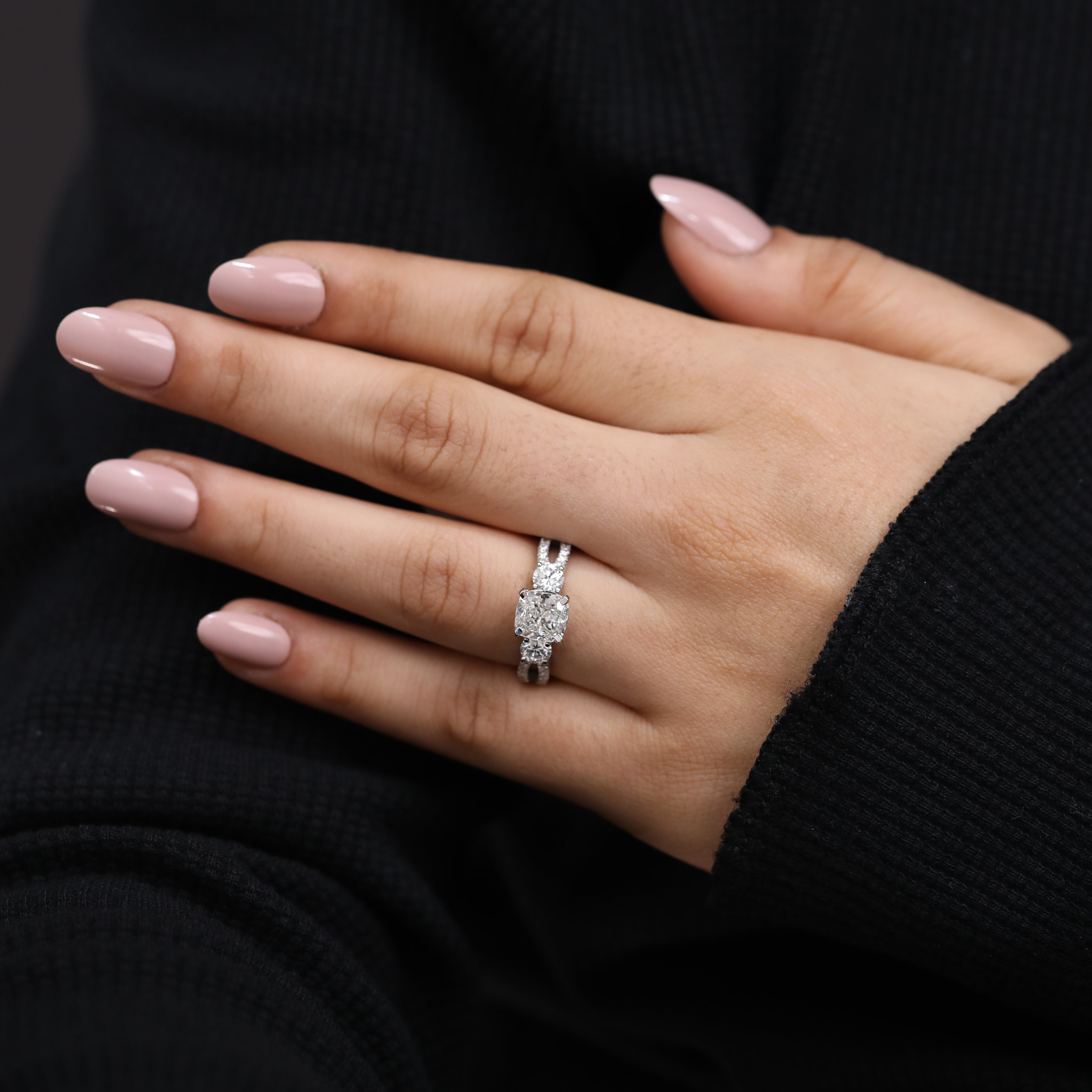 Lab diamond engagement ring with cushion cut center and split shank style