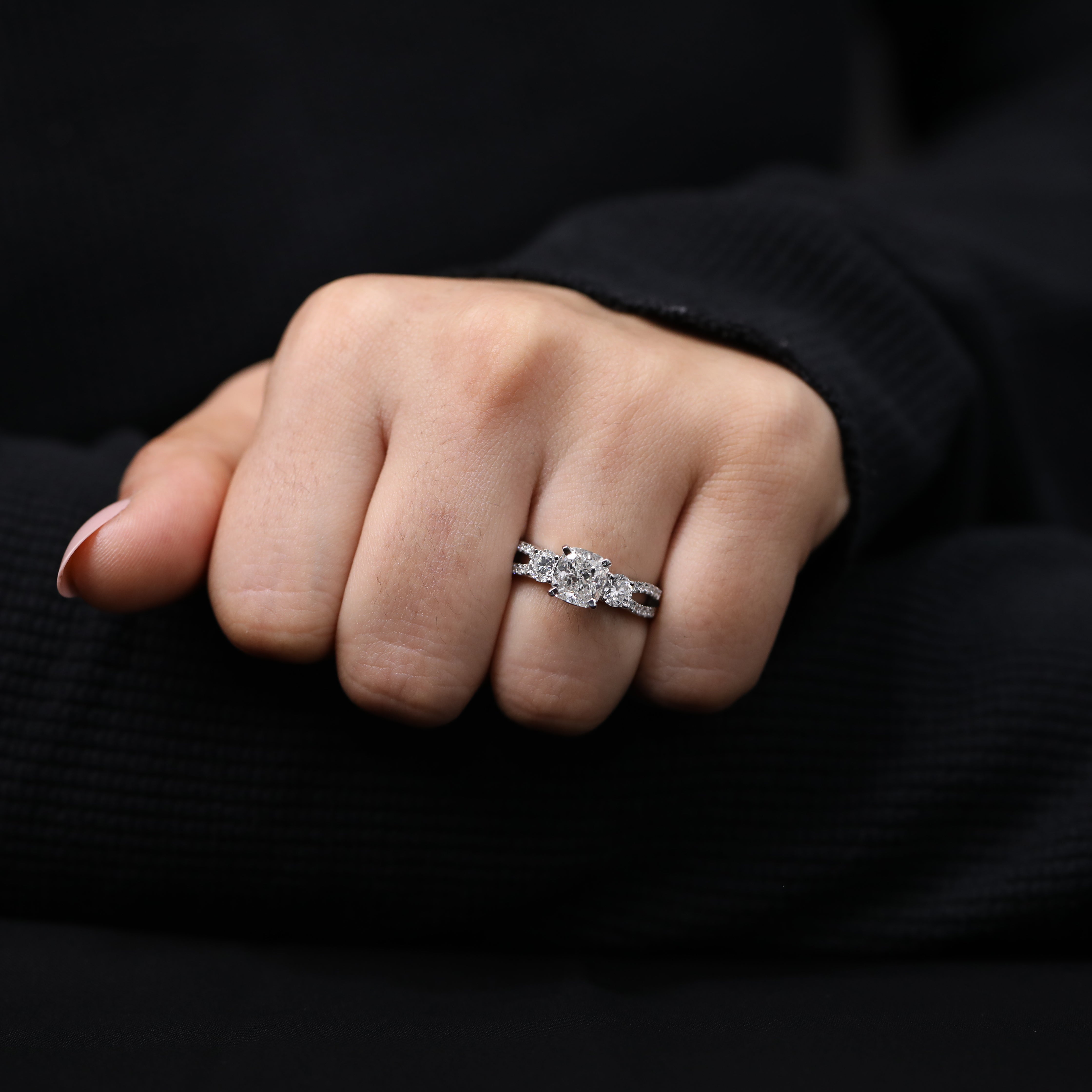 Cushion cut lab grown diamond ring designed with side diamond accents